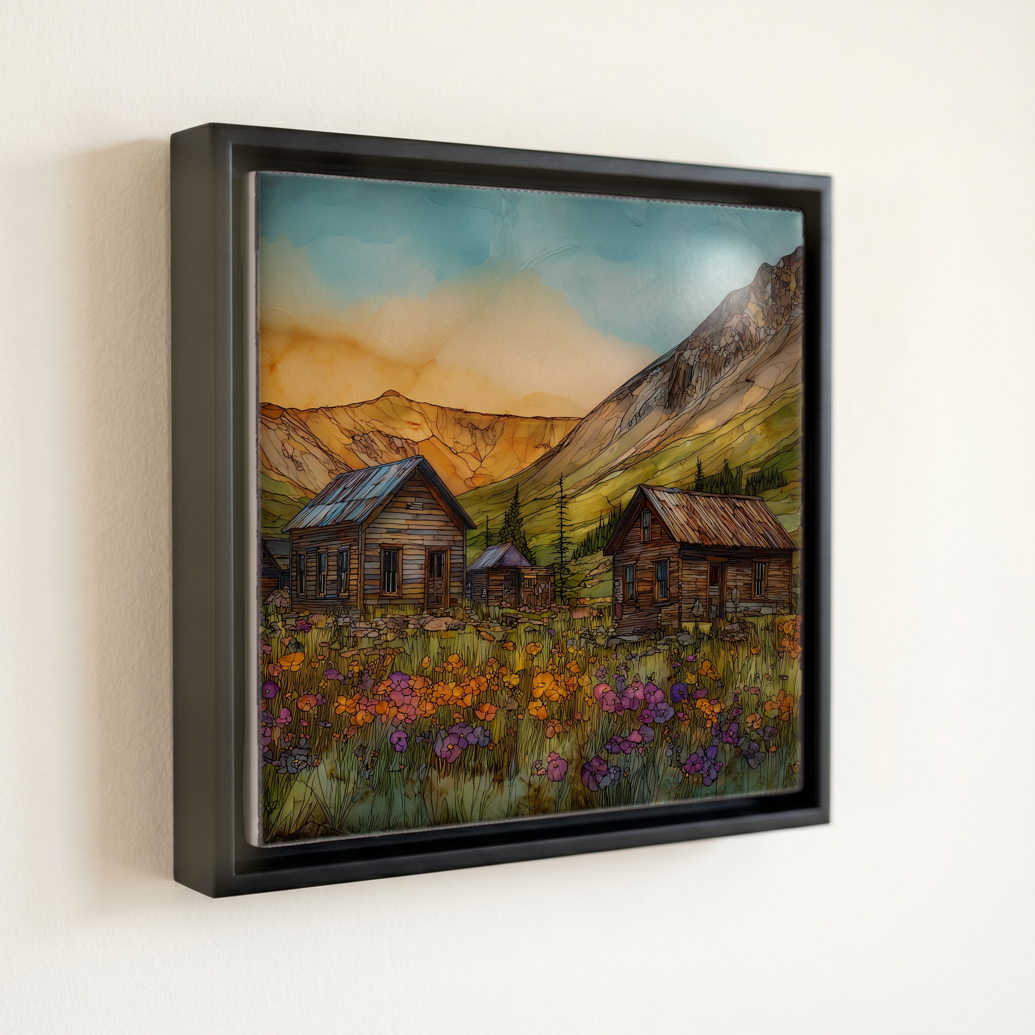 shown in a slim black floating frame · 6 × 6 in