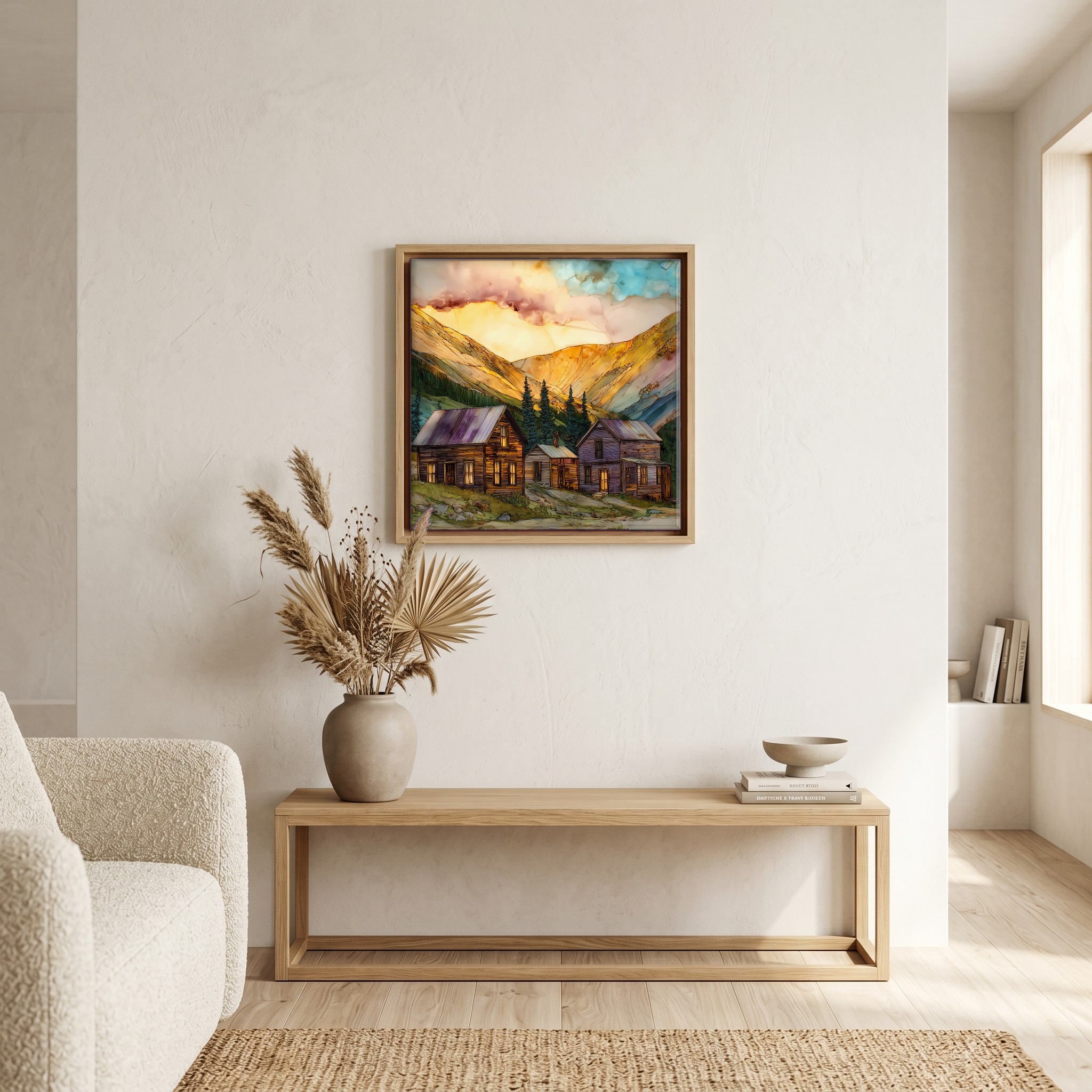 Above the bench, in a warm oak surround.