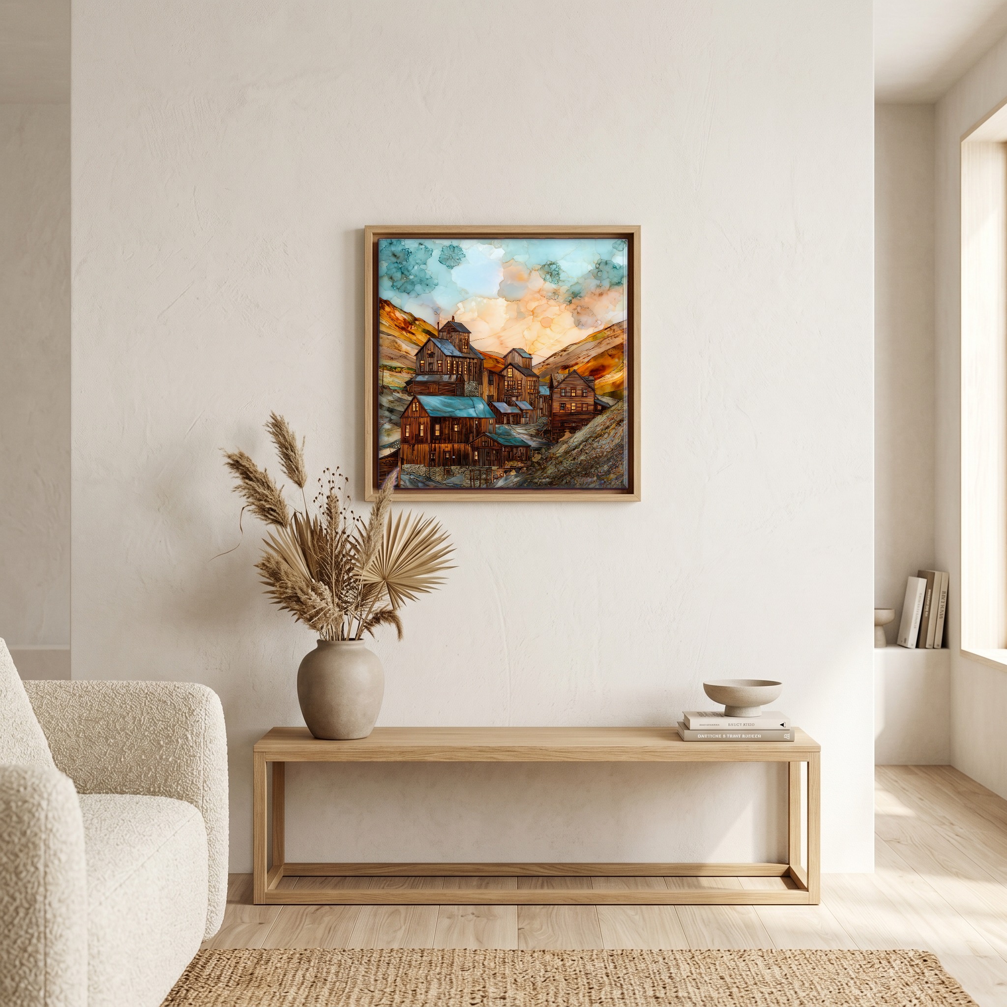 Above the bench, in a warm oak surround.