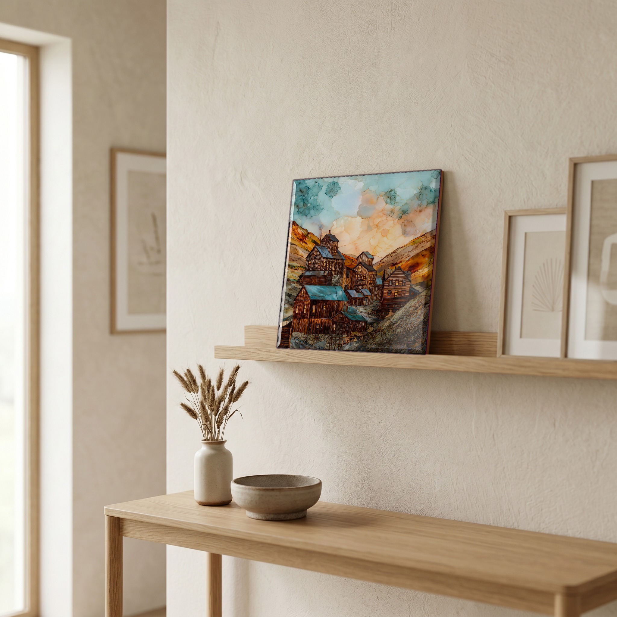 On a picture ledge, where the light comes in.