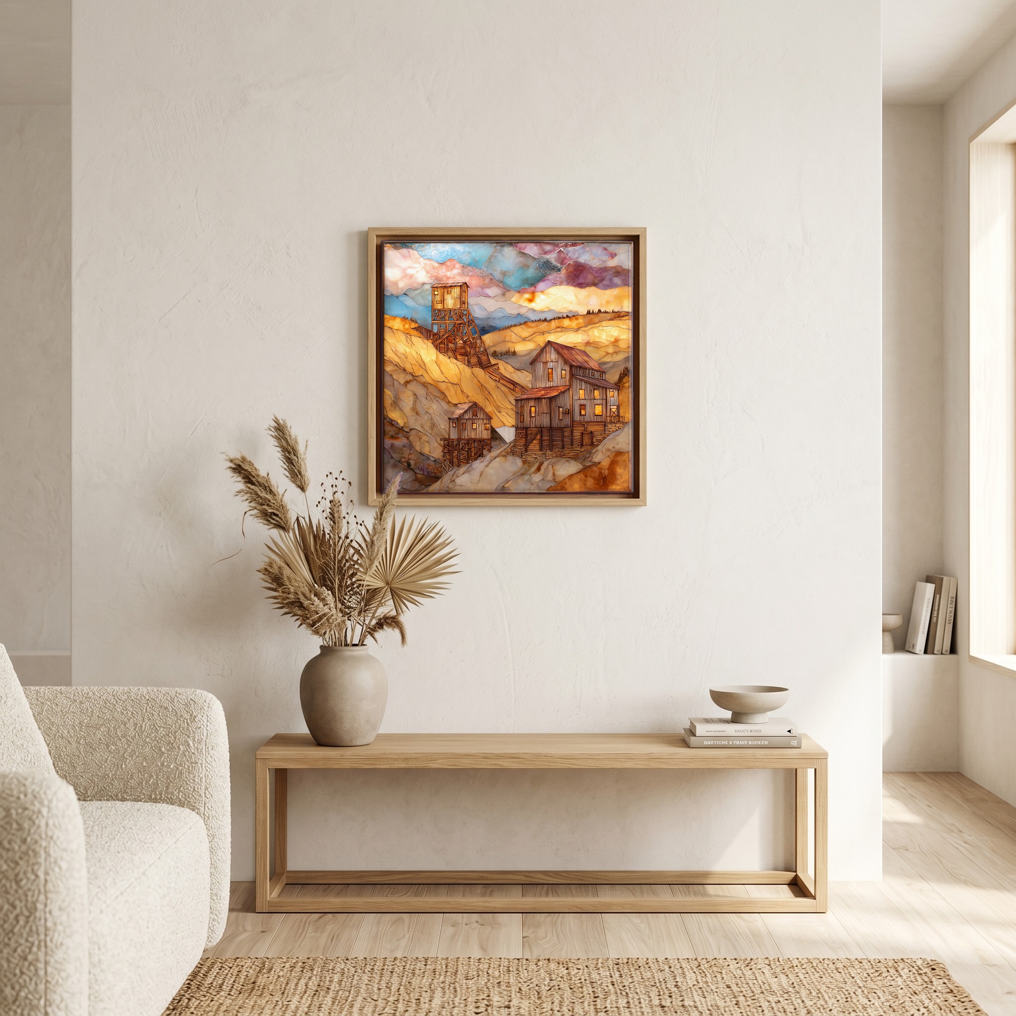 Above the bench, in a warm oak surround.