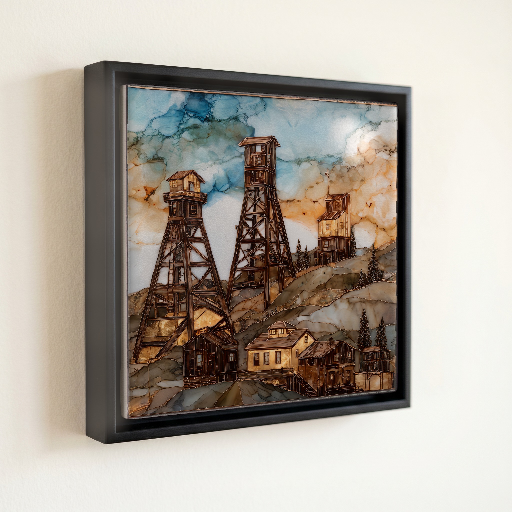 shown in a slim black floating frame · 6 × 6 in