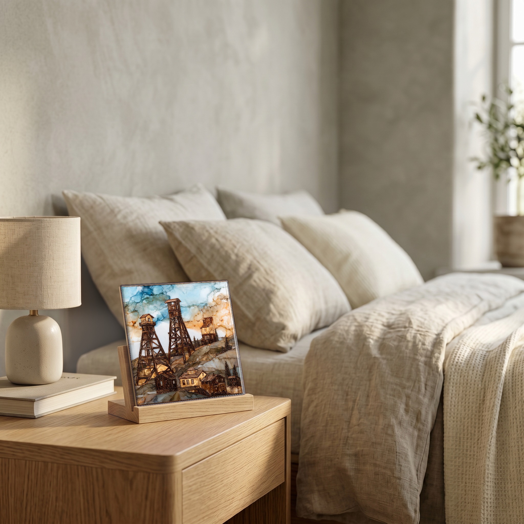 On the nightstand, on a light oak stand.