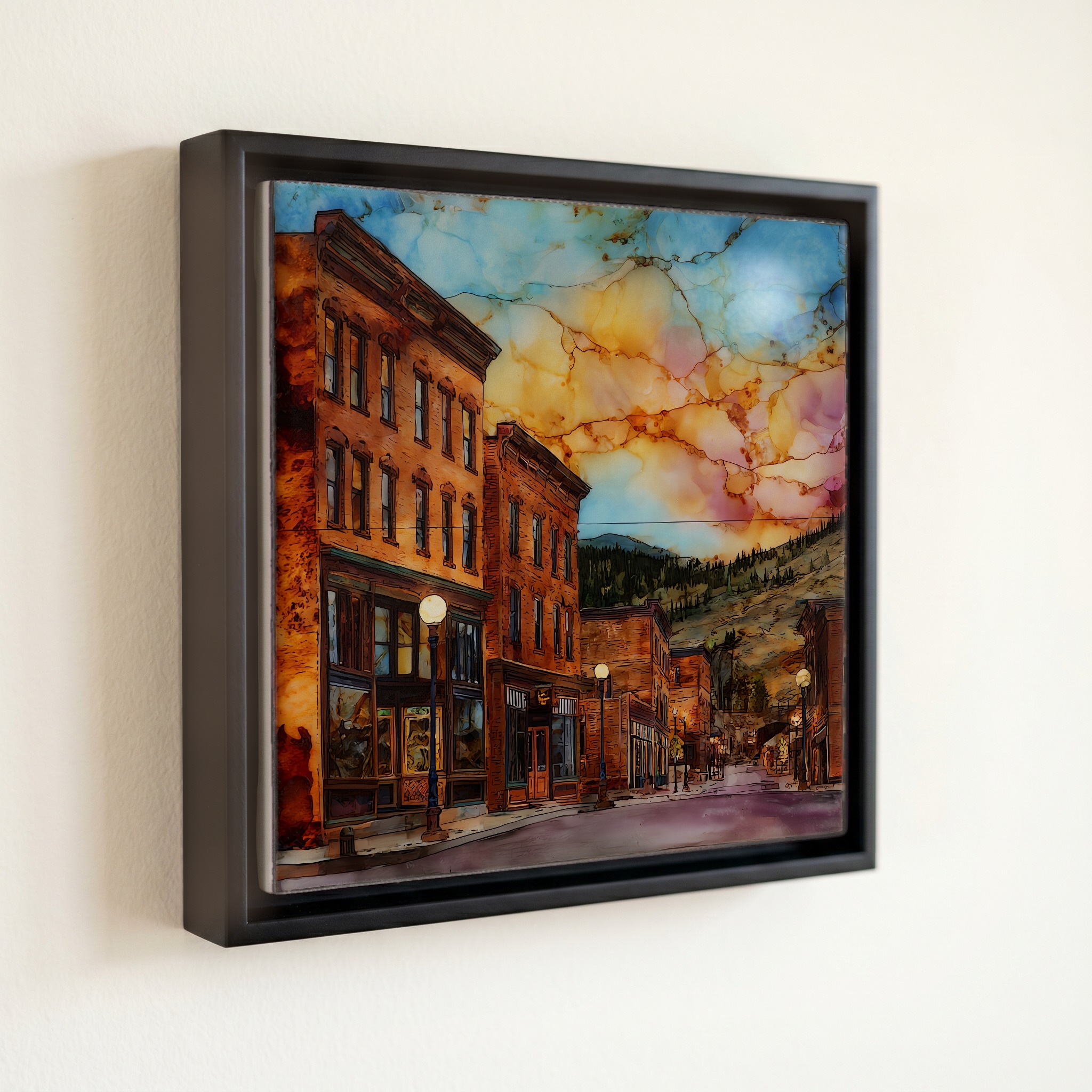 shown in a slim black floating frame · 6 × 6 in