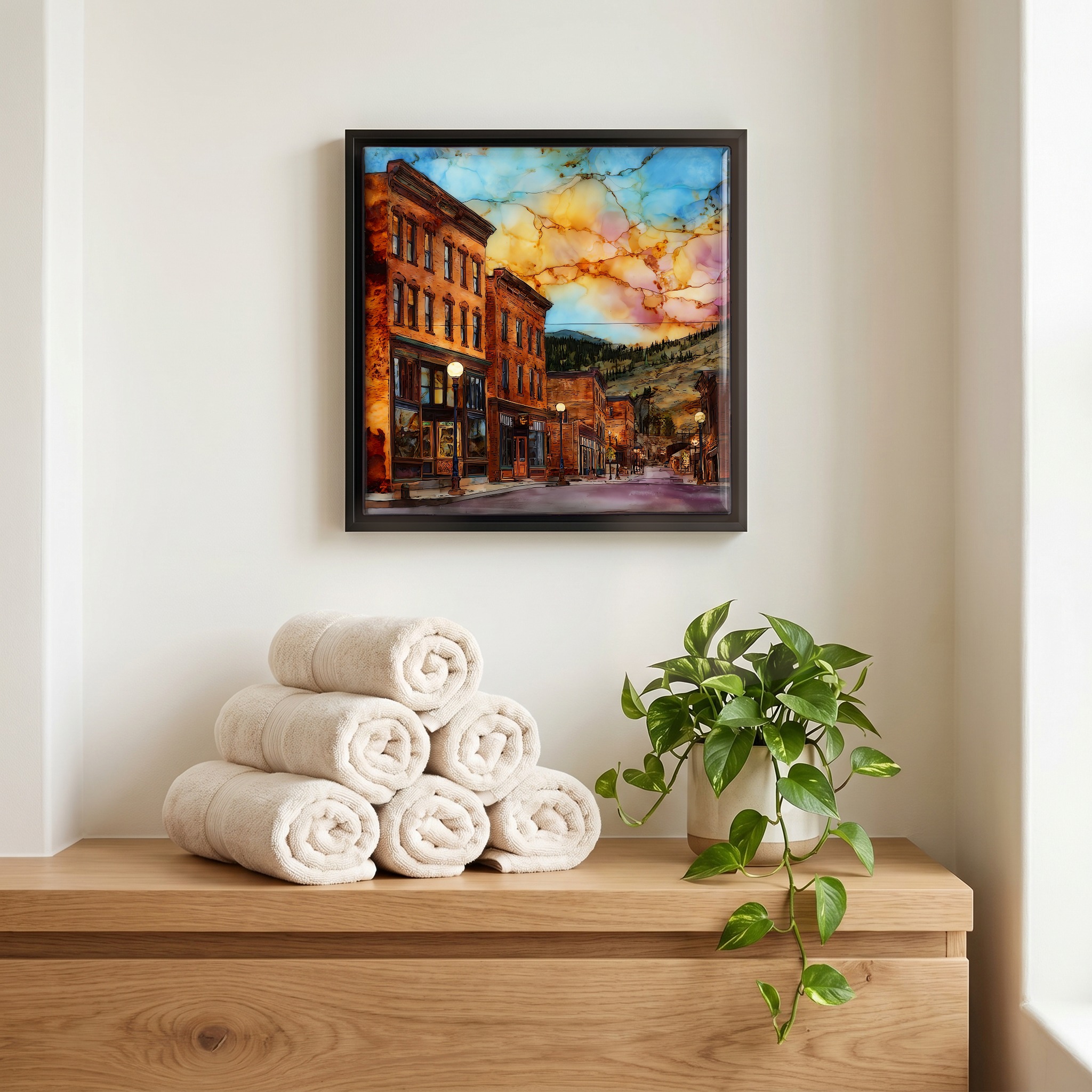 Above the linens, in a slim black surround.