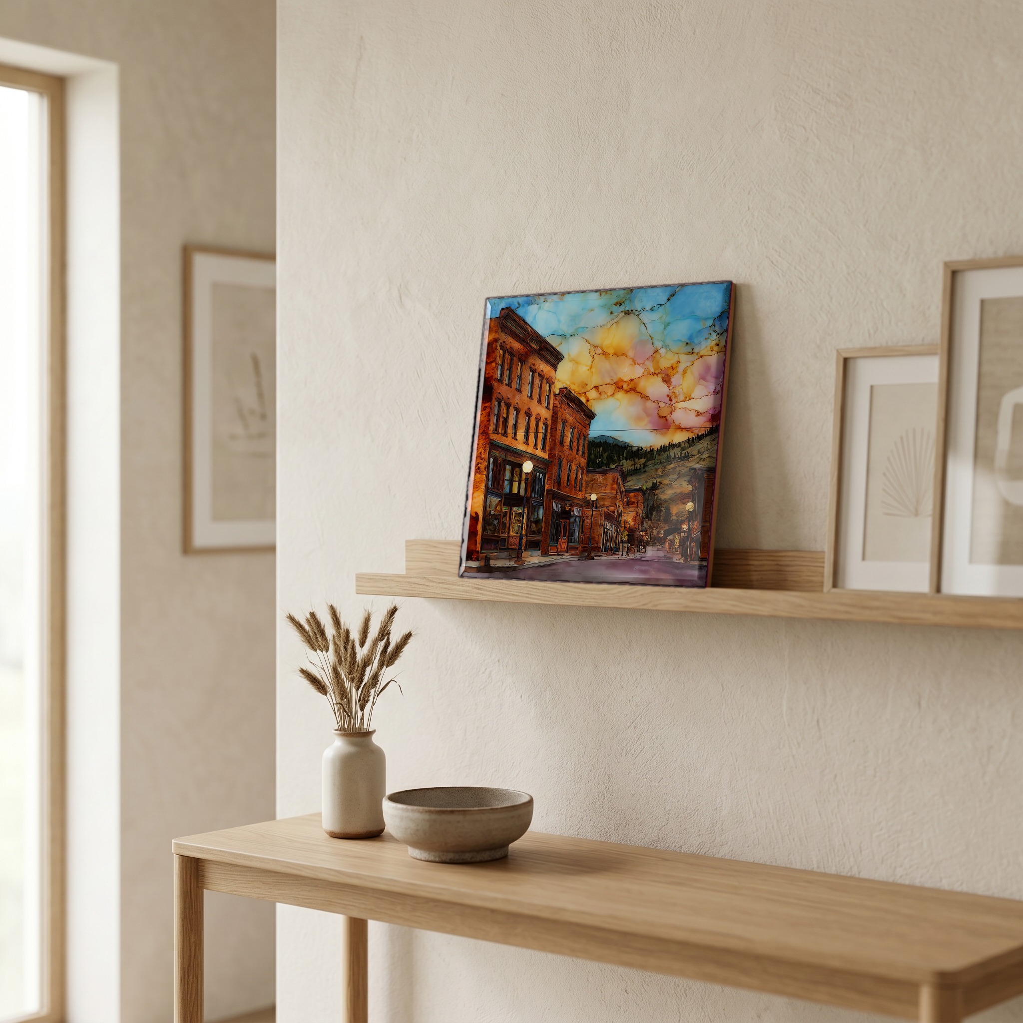 On a picture ledge, where the light comes in.