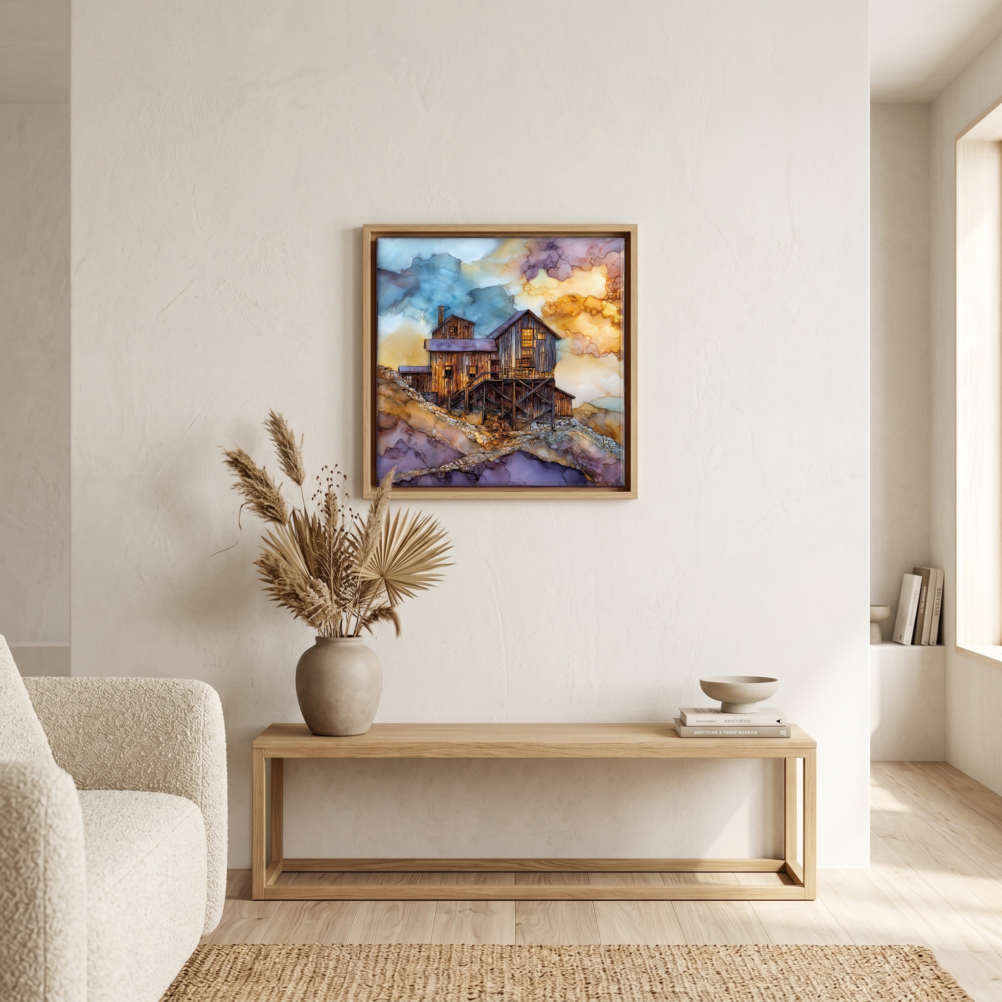 Above the bench, in a warm oak surround.