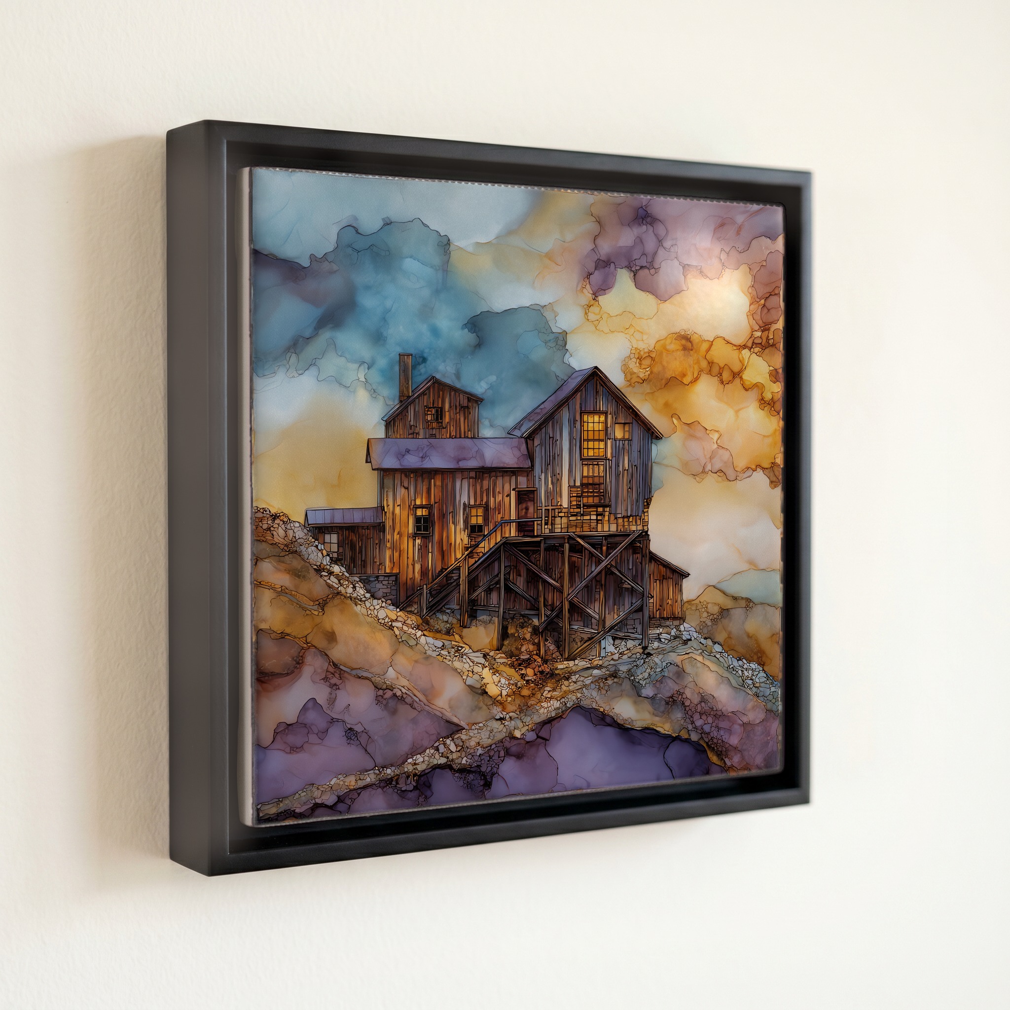 shown in a slim black floating frame · 6 × 6 in