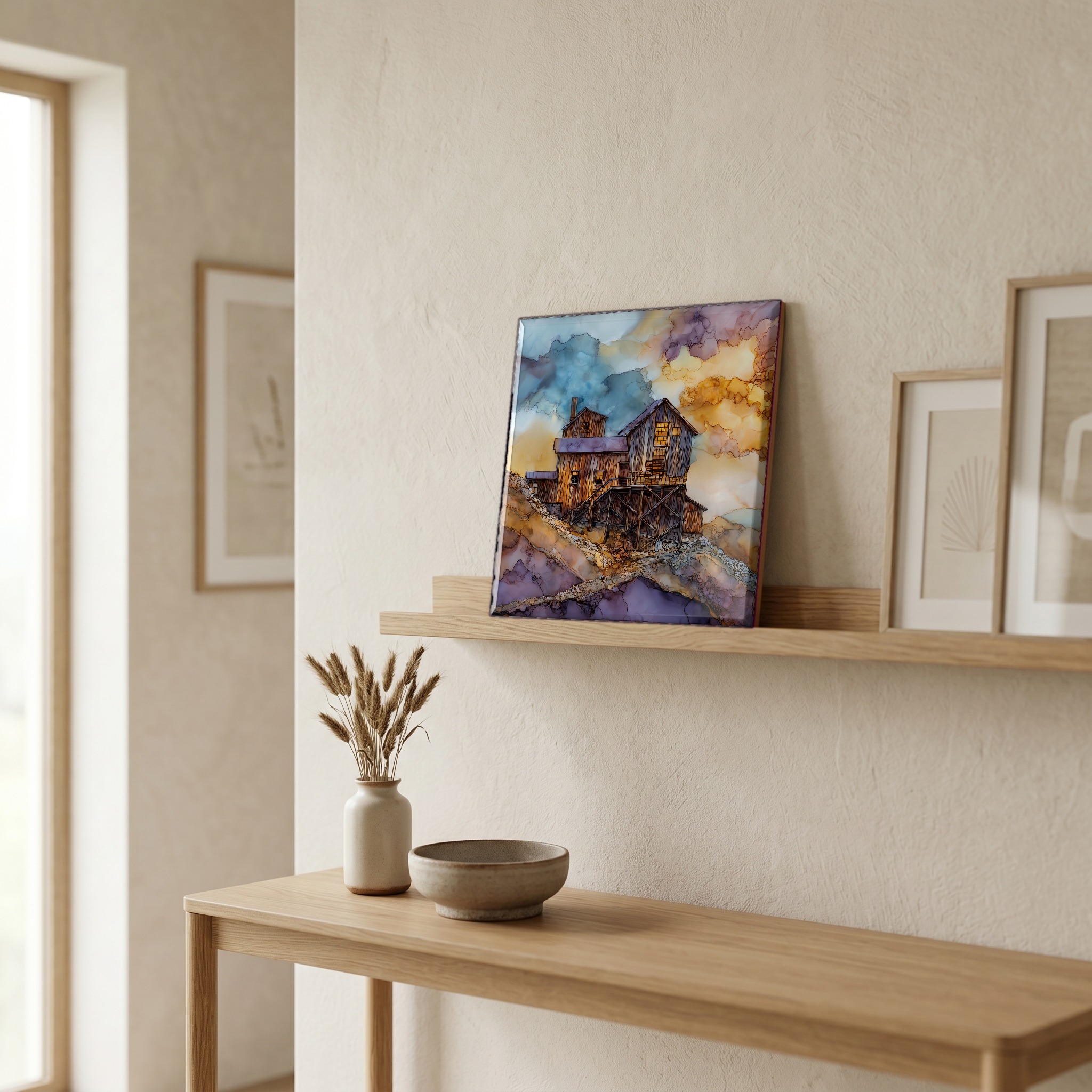 On a picture ledge, where the light comes in.