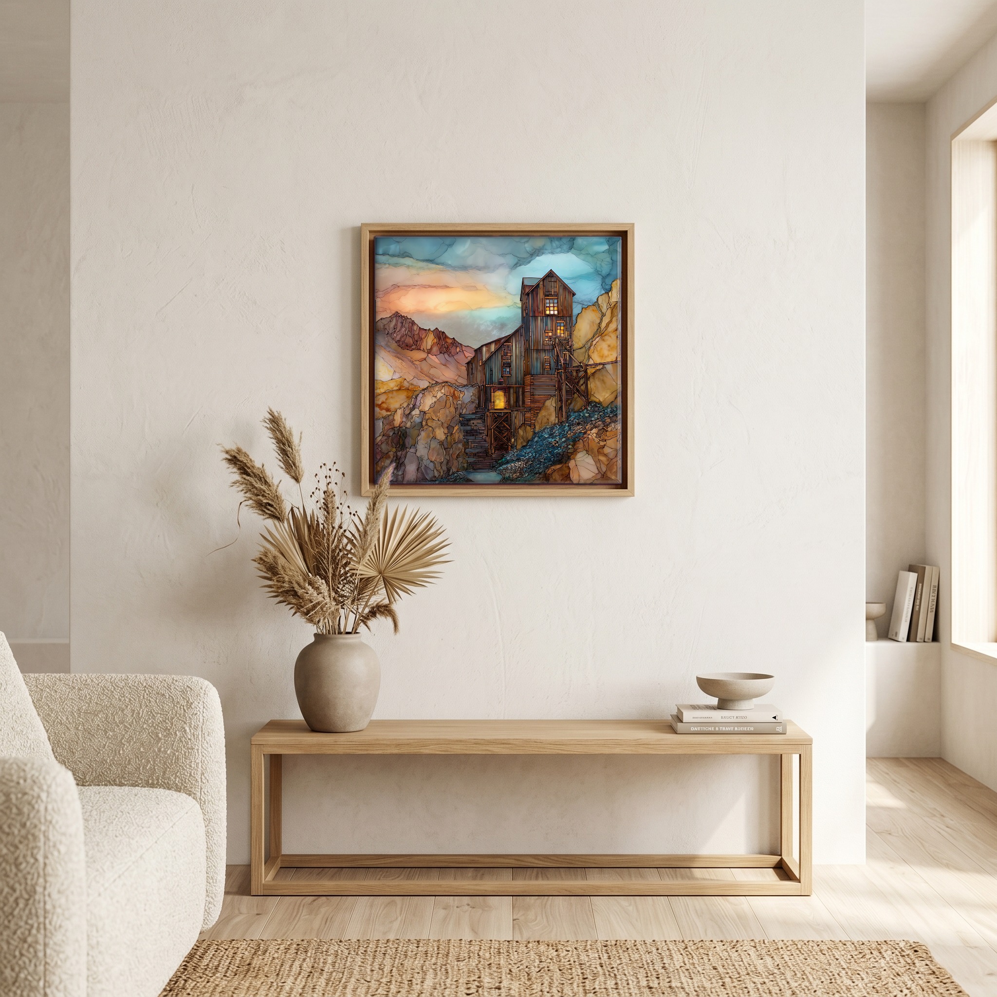 Above the bench, in a warm oak surround.