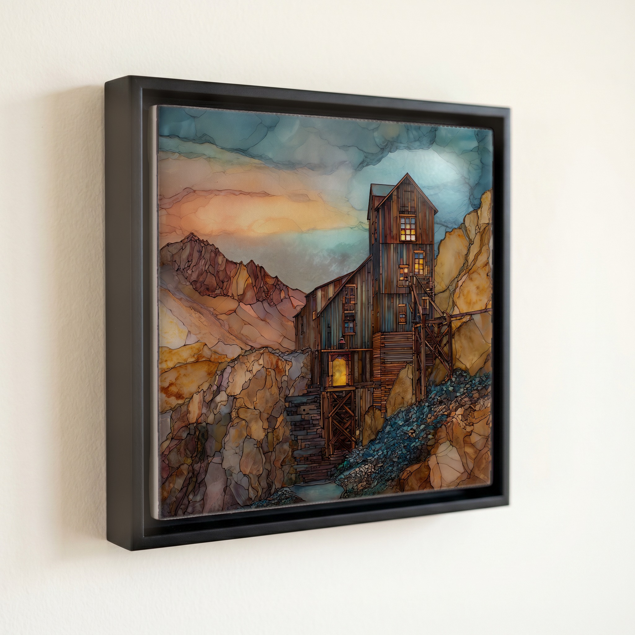 shown in a slim black floating frame · 6 × 6 in
