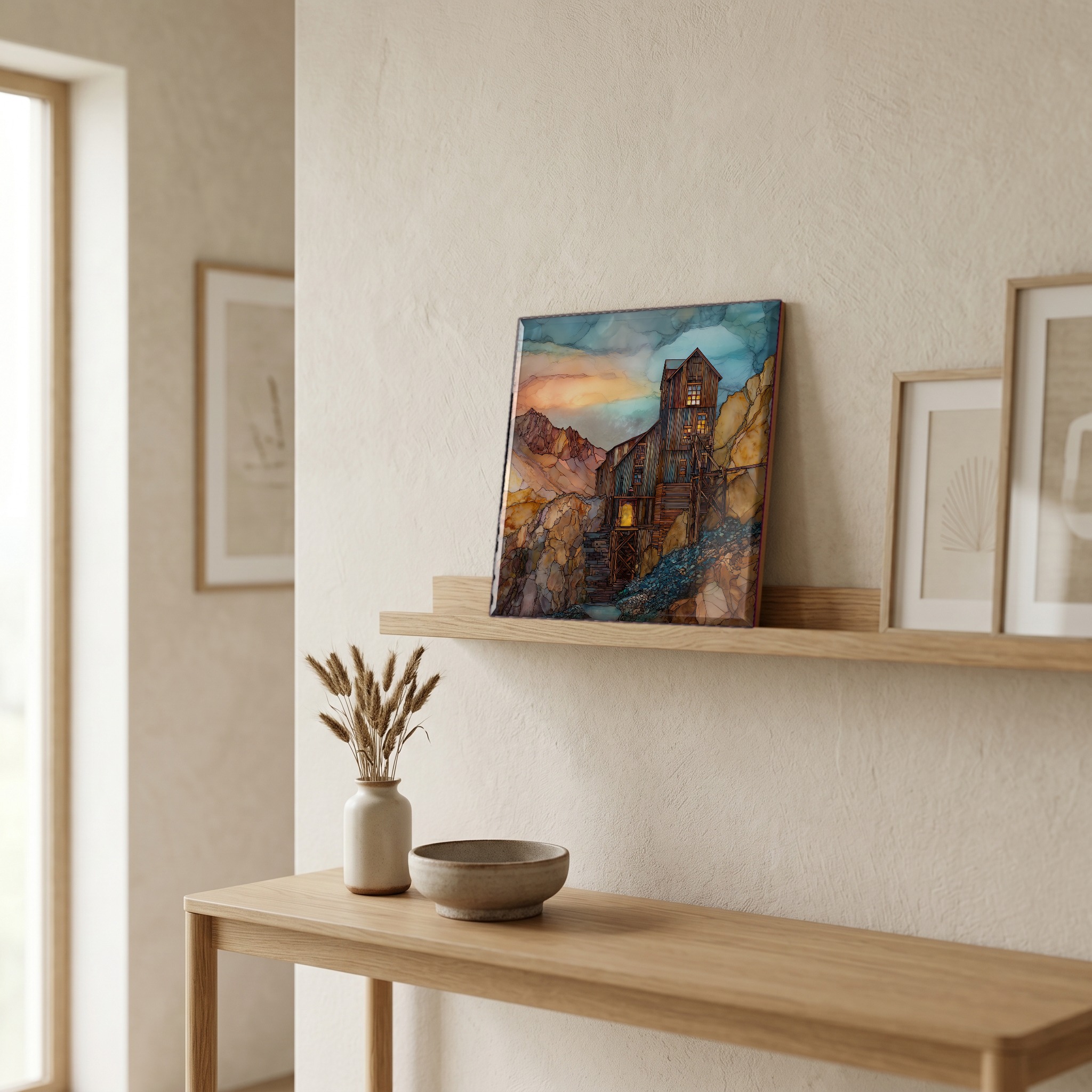 On a picture ledge, where the light comes in.
