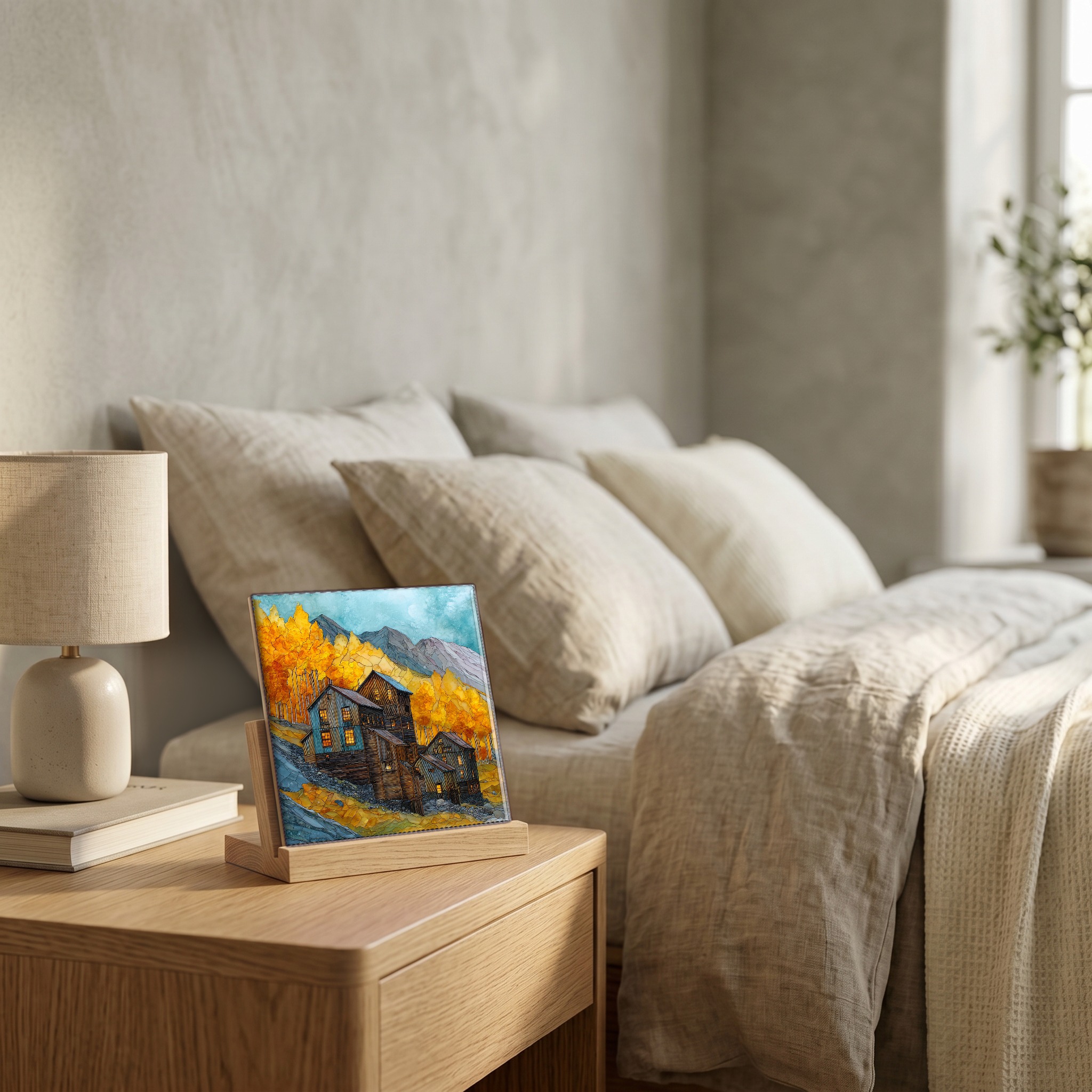 On the nightstand, on a light oak stand.