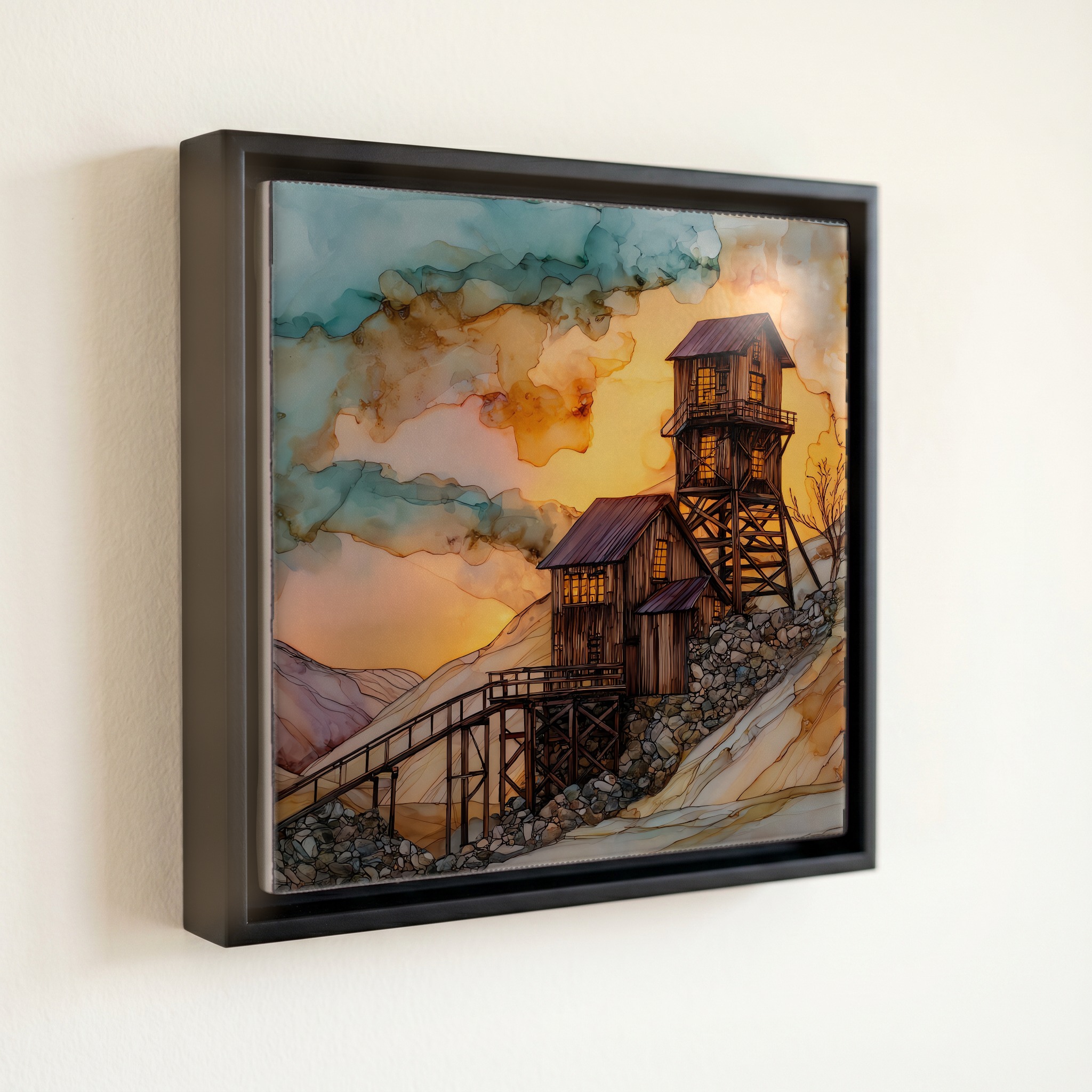 shown in a slim black floating frame · 6 × 6 in