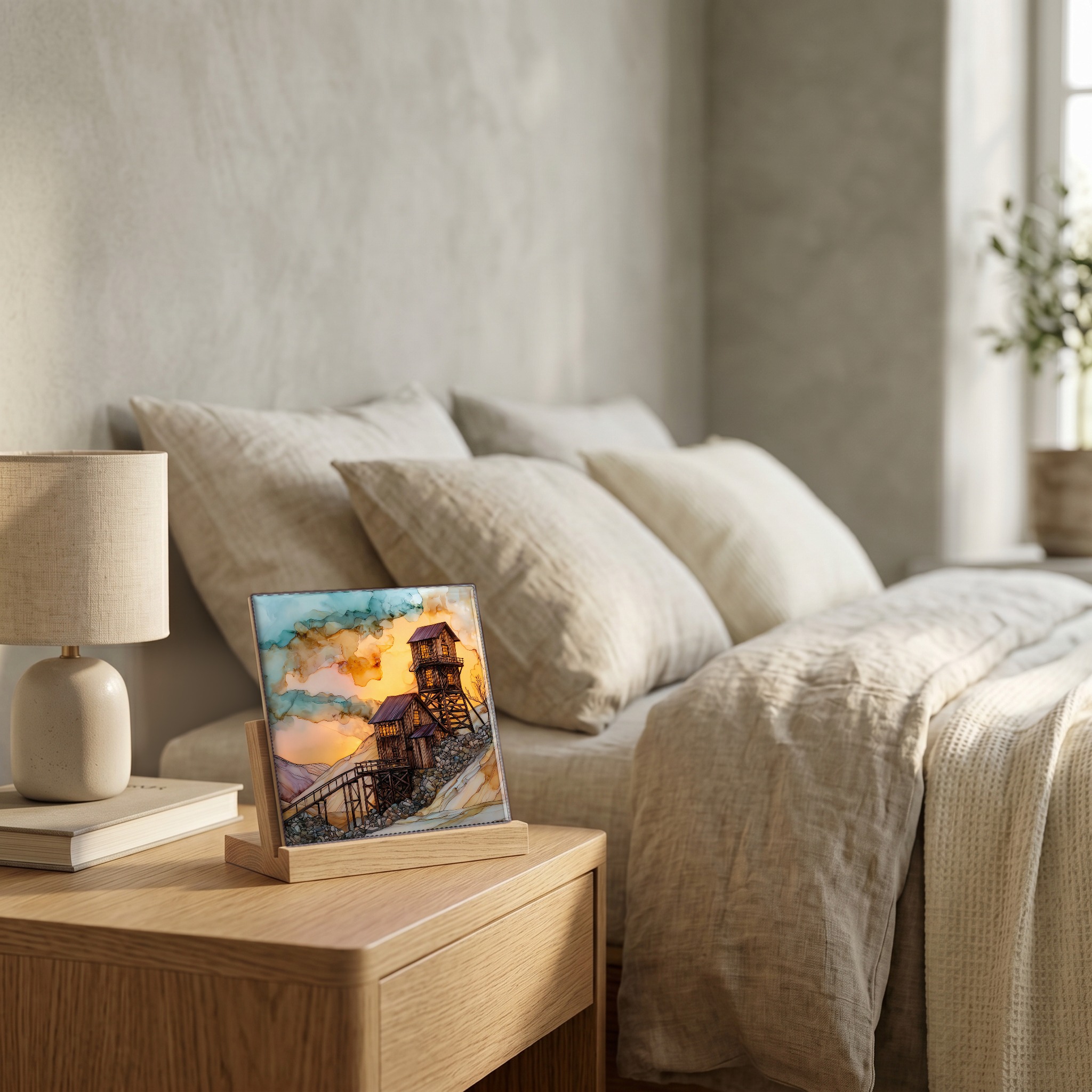 On the nightstand, on a light oak stand.