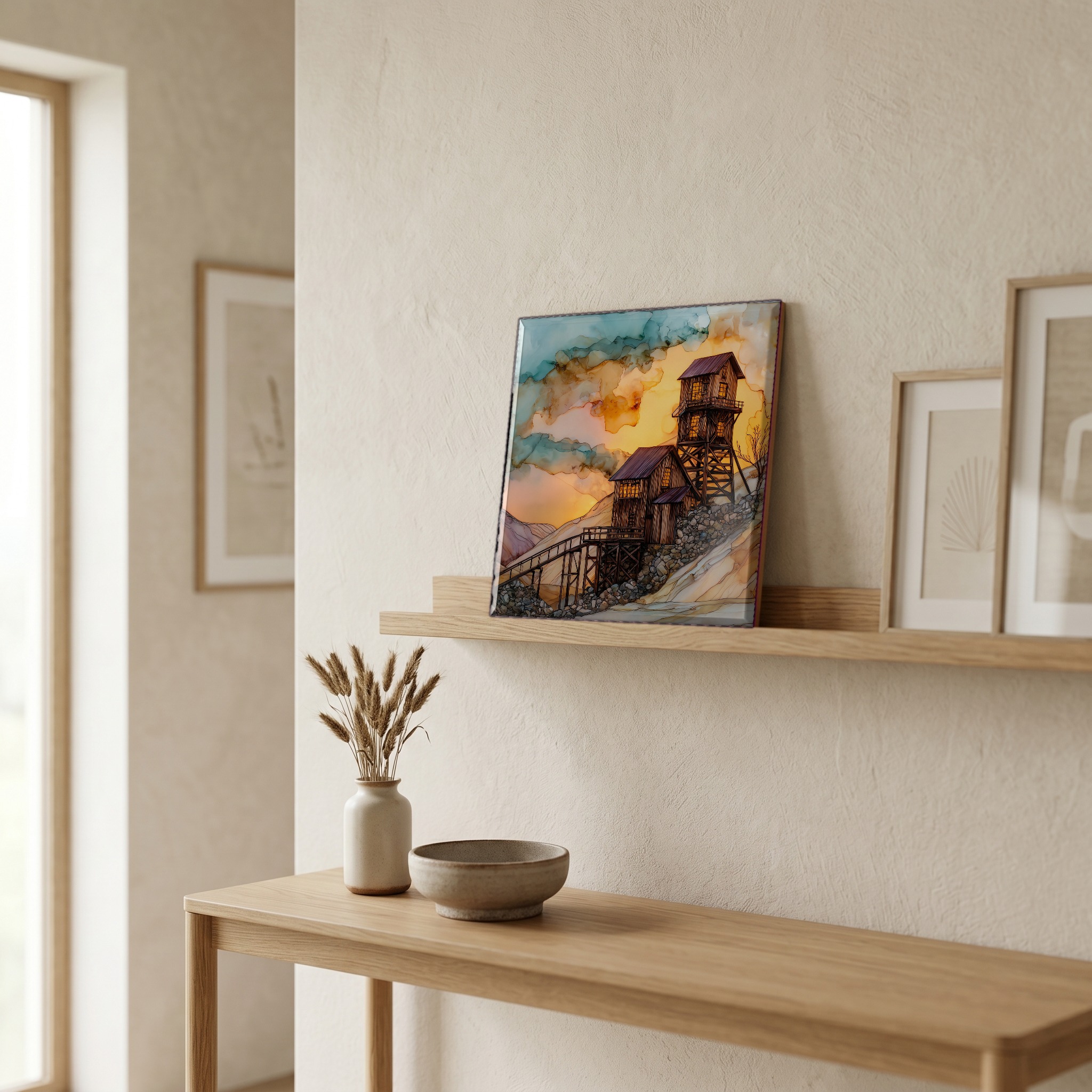 On a picture ledge, where the light comes in.