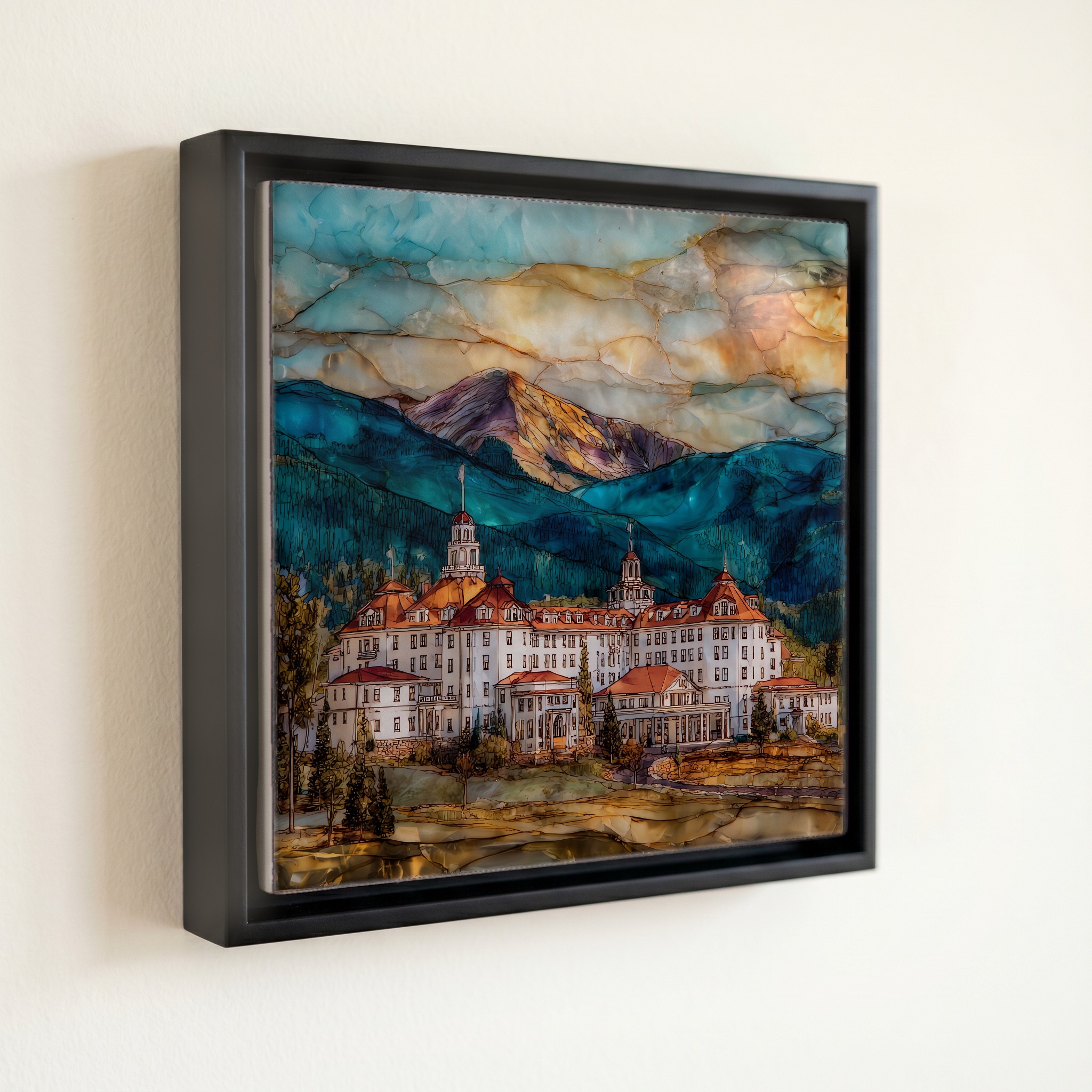 shown in a slim black floating frame · 6 × 6 in