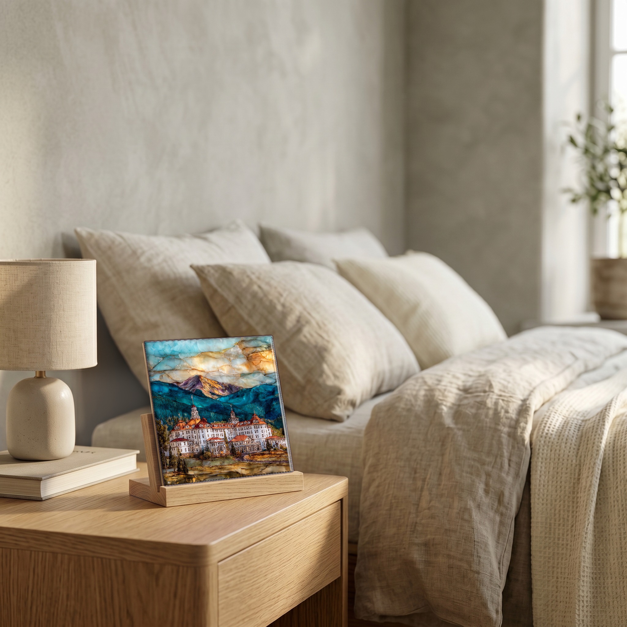 On the nightstand, on a light oak stand.
