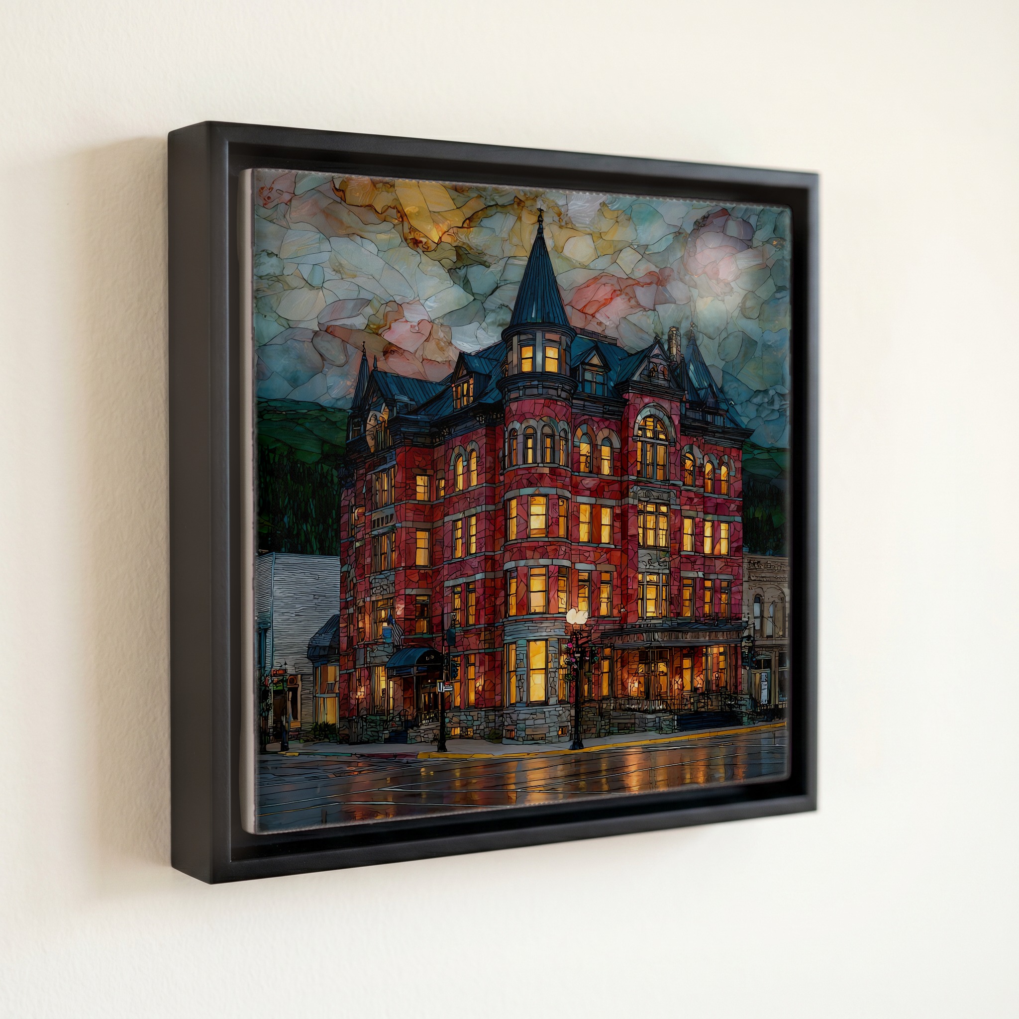 shown in a slim black floating frame · 6 × 6 in