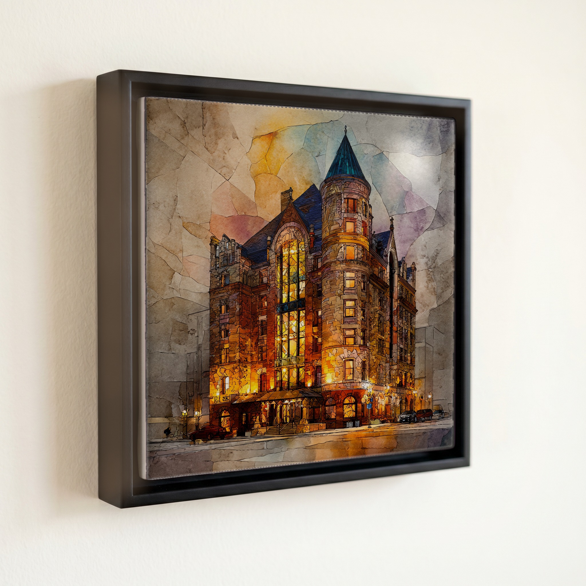 shown in a slim black floating frame · 6 × 6 in