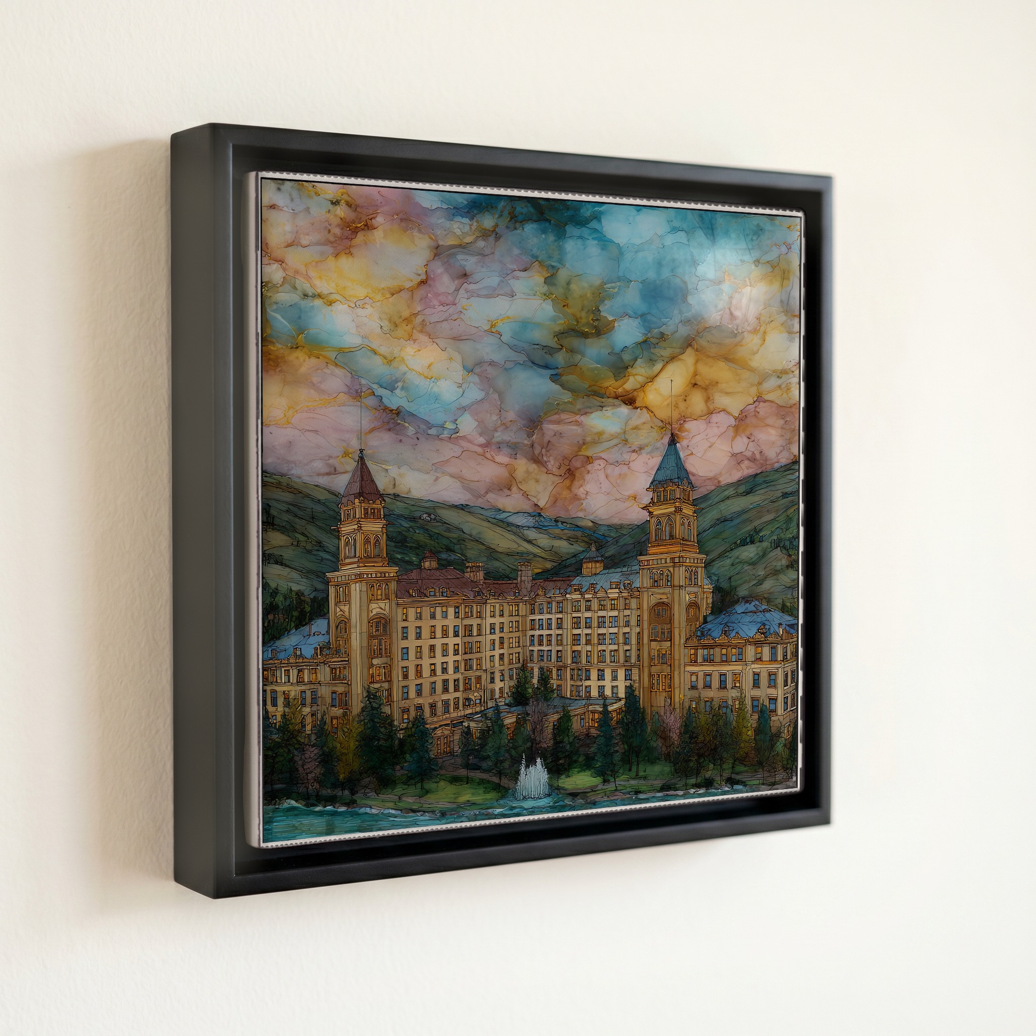 shown in a slim black floating frame · 6 × 6 in