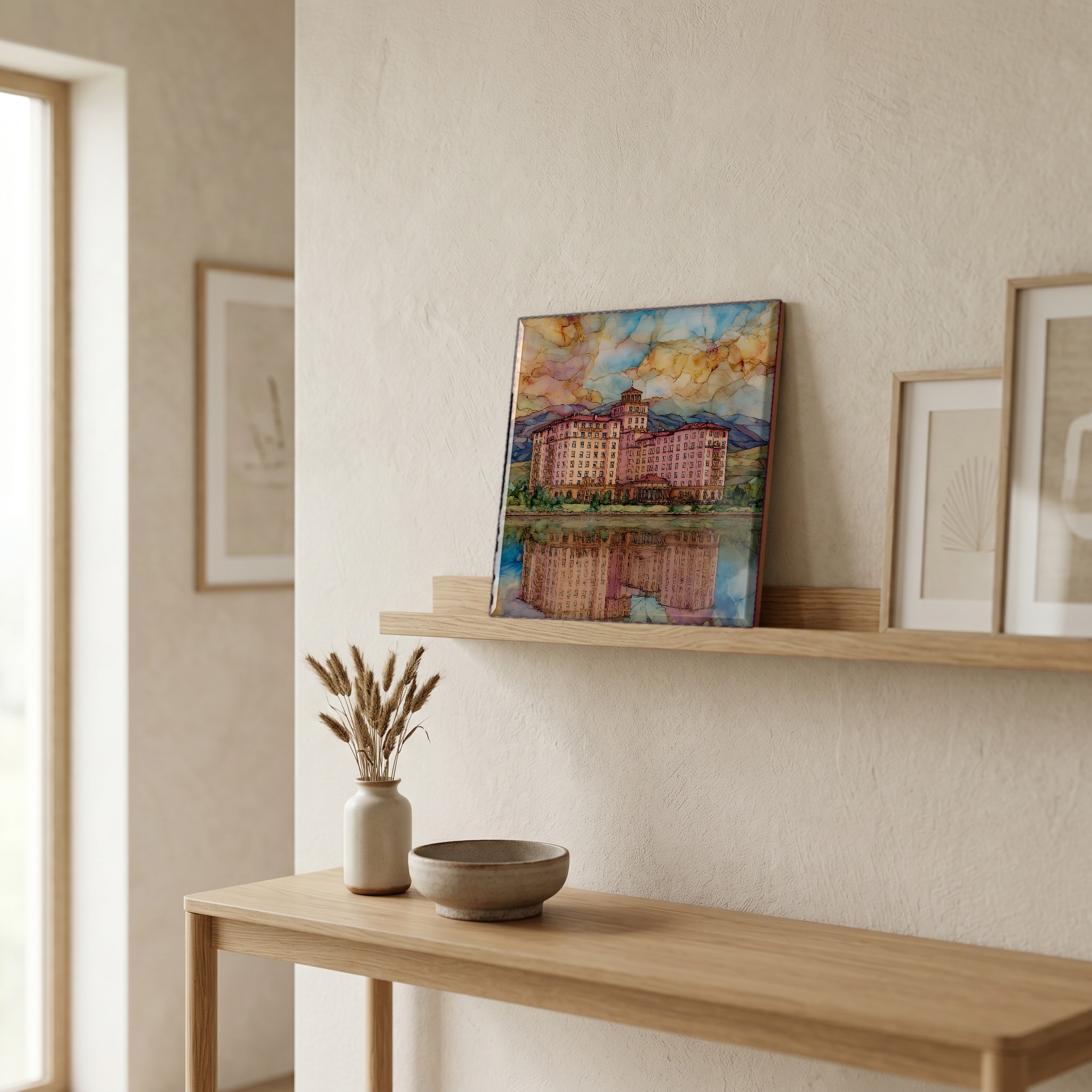 On a picture ledge, where the light comes in.