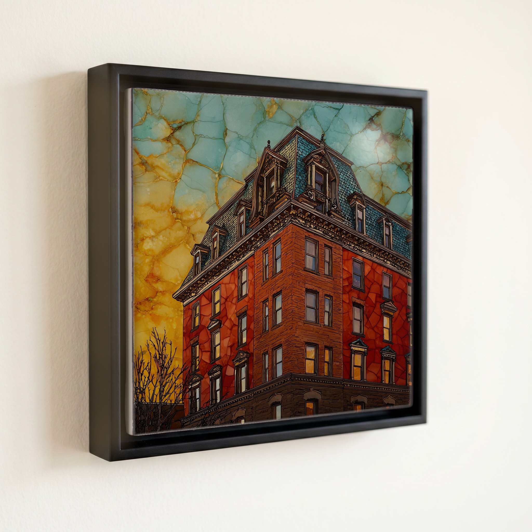 shown in a slim black floating frame · 6 × 6 in