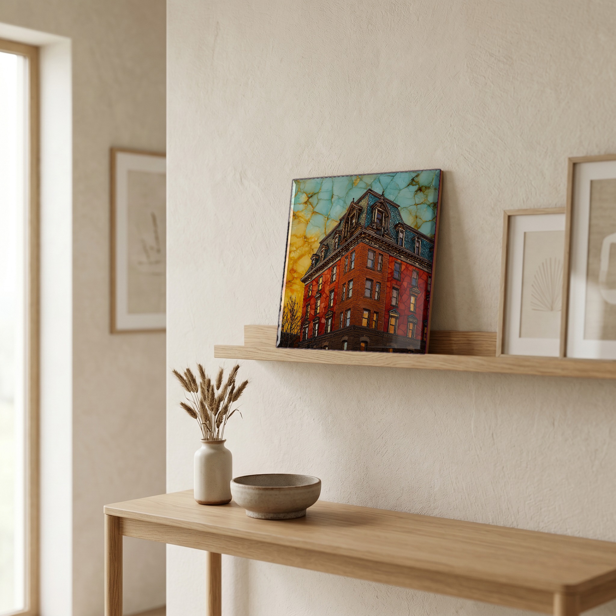 On a picture ledge, where the light comes in.