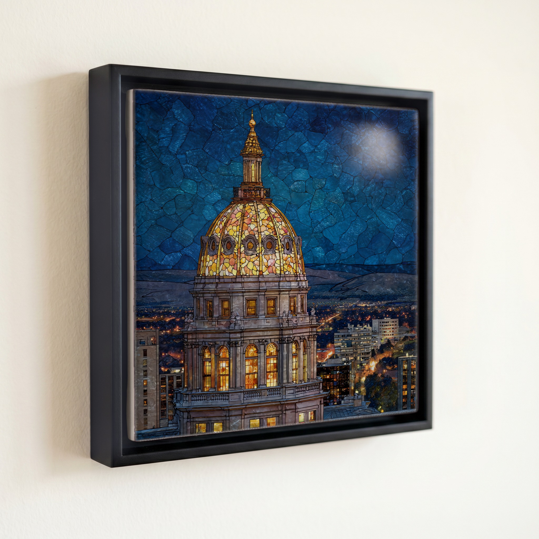 shown in a slim black floating frame · 6 × 6 in