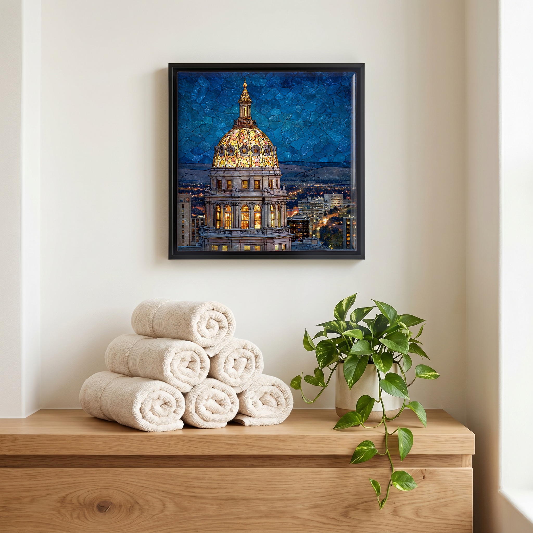 Above the linens, in a slim black surround.