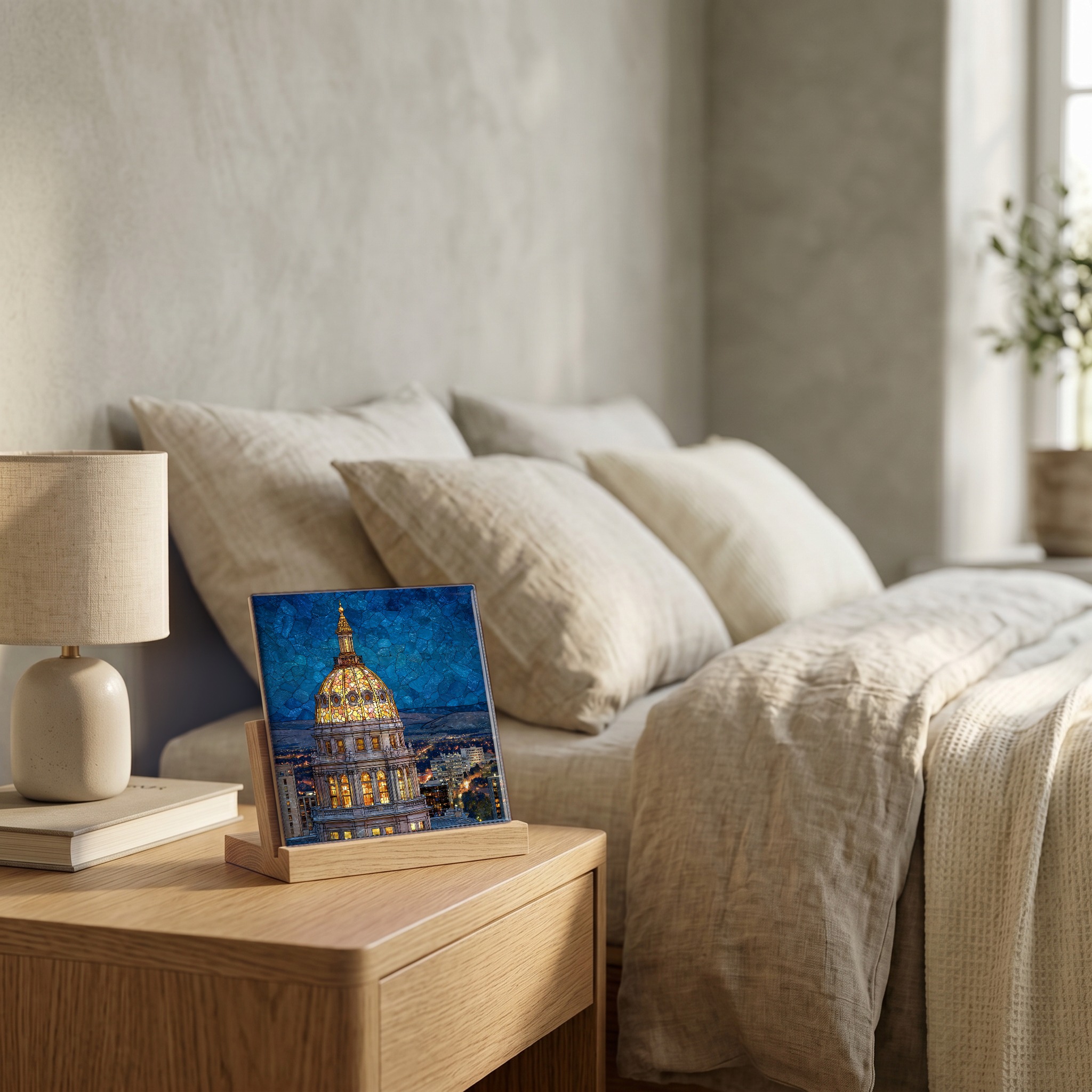 On the nightstand, on a light oak stand.