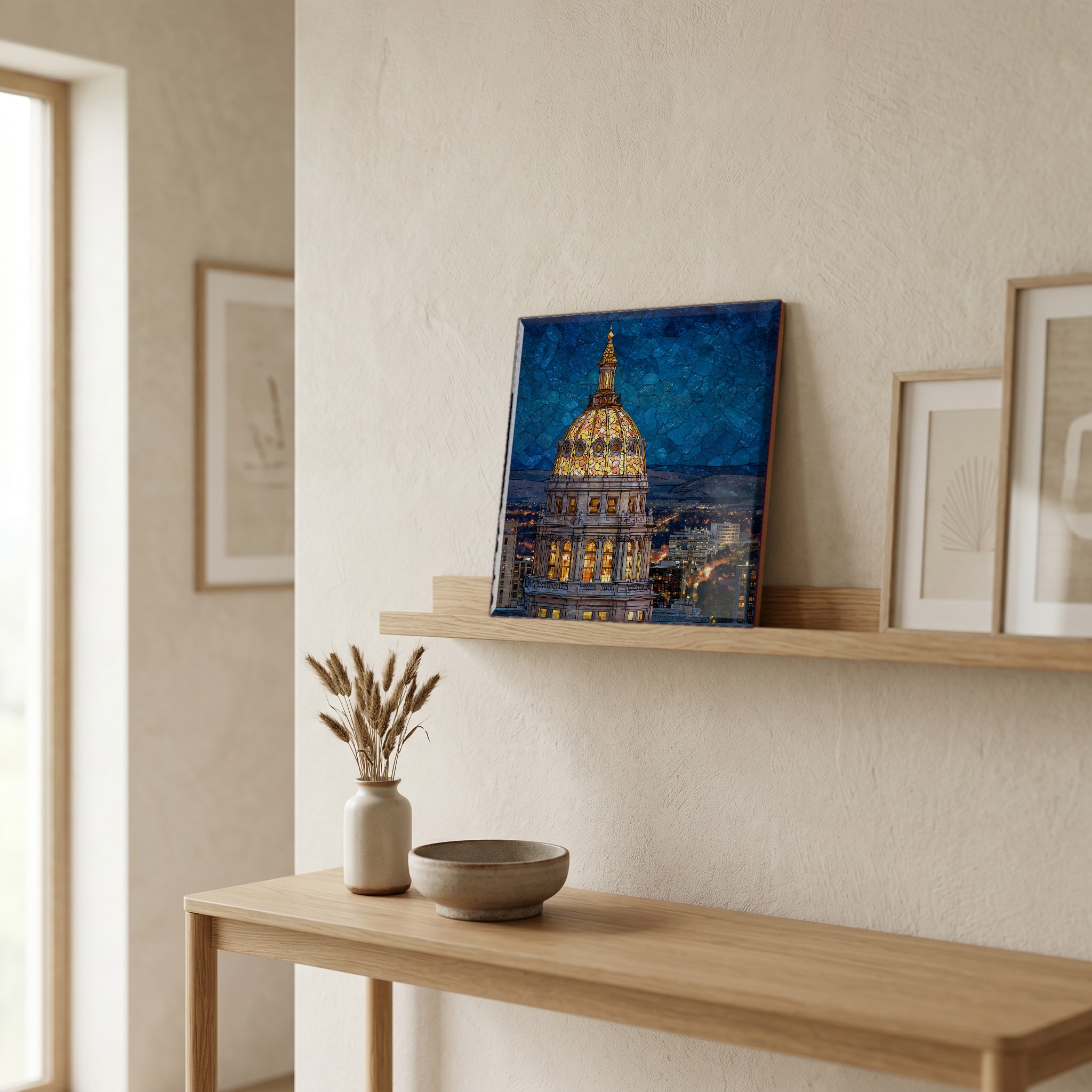 On a picture ledge, where the light comes in.