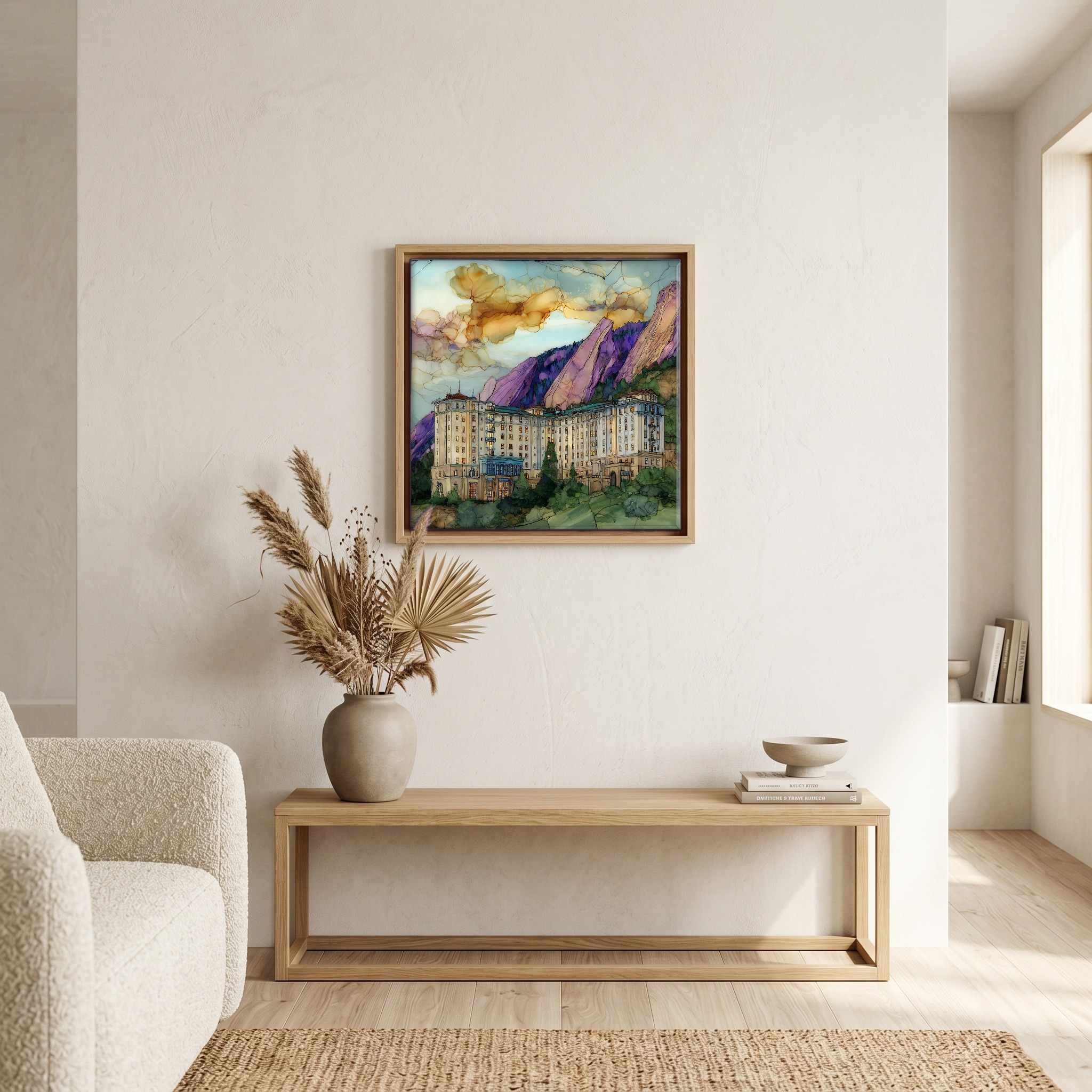 Above the bench, in a warm oak surround.