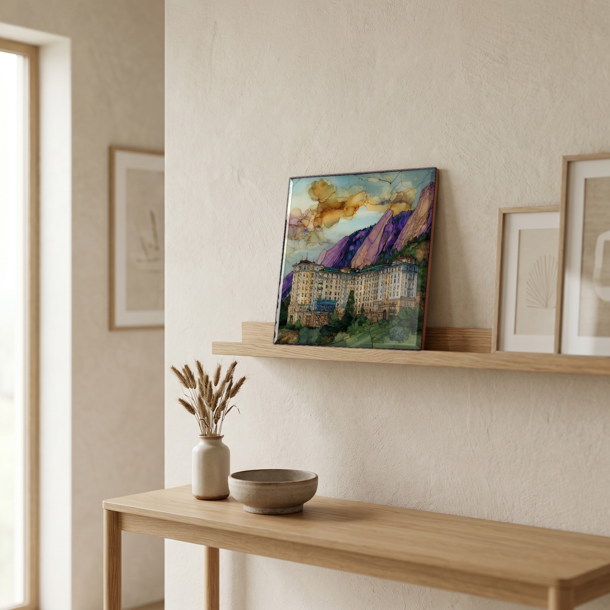 On a picture ledge, where the light comes in.