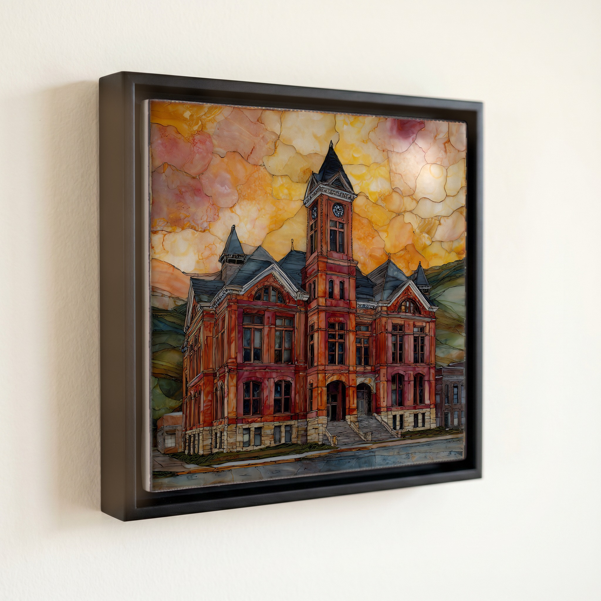 shown in a slim black floating frame · 6 × 6 in