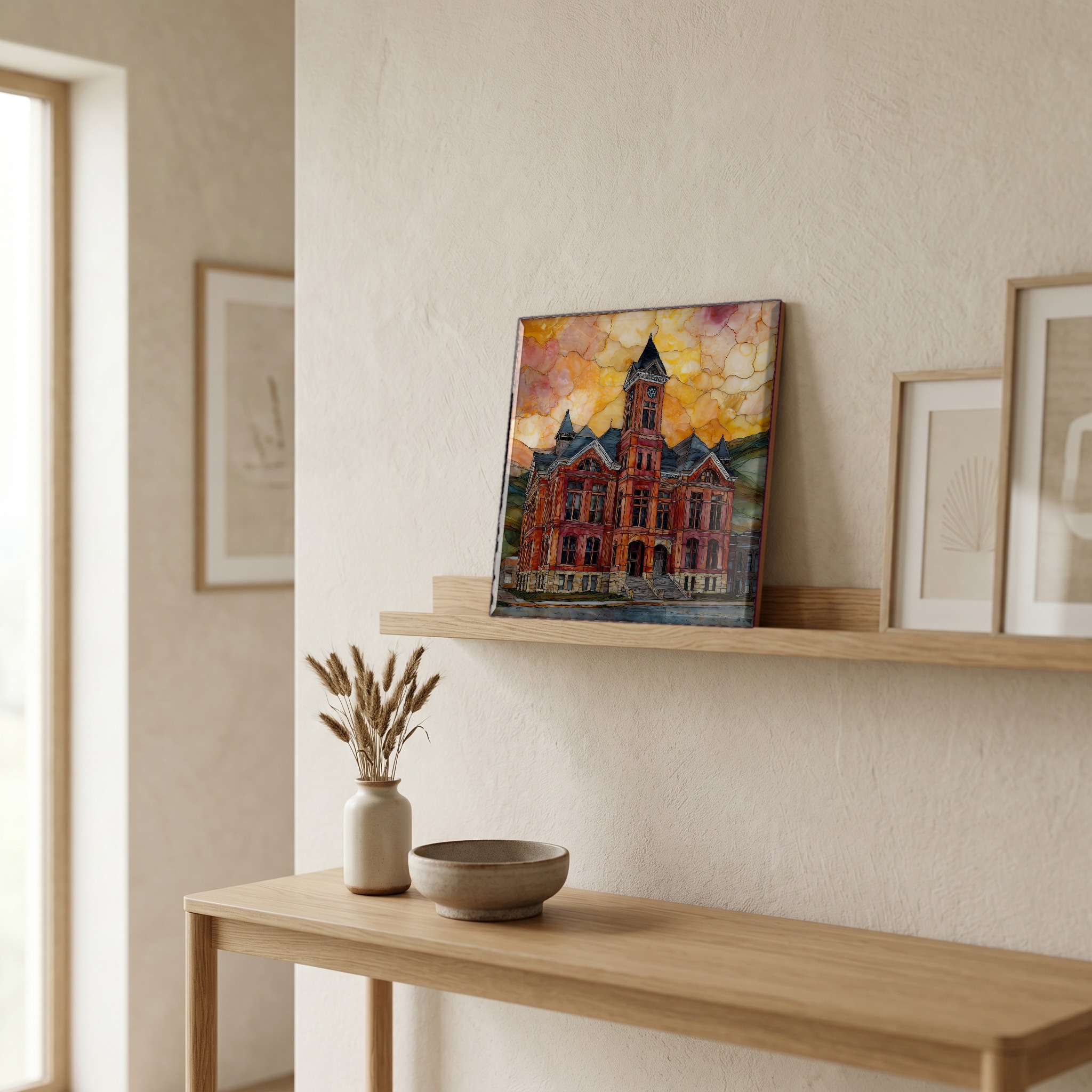 On a picture ledge, where the light comes in.