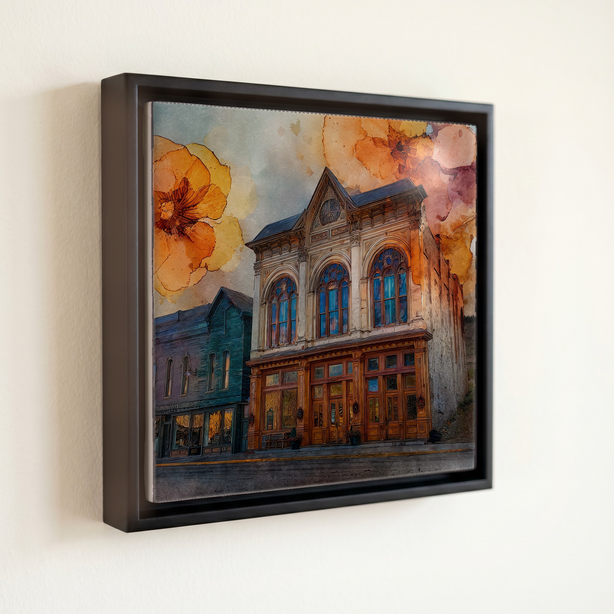 shown in a slim black floating frame · 6 × 6 in
