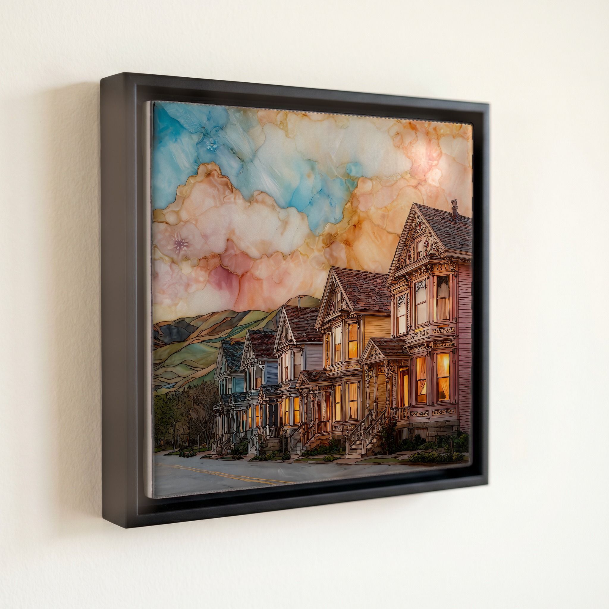 shown in a slim black floating frame · 6 × 6 in