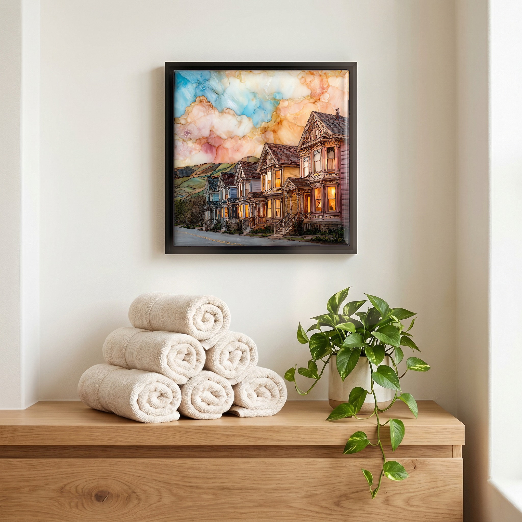 Above the linens, in a slim black surround.