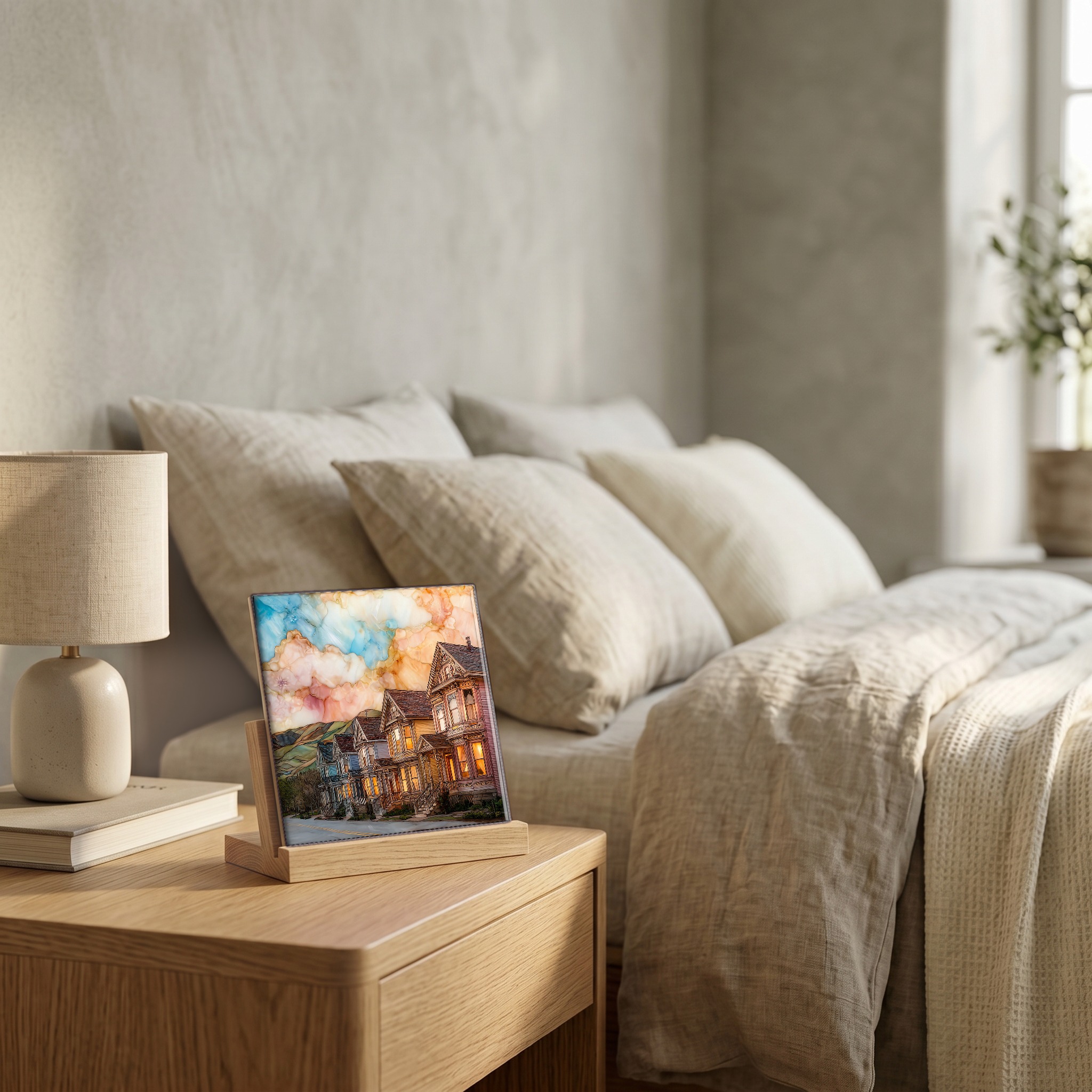 On the nightstand, on a light oak stand.