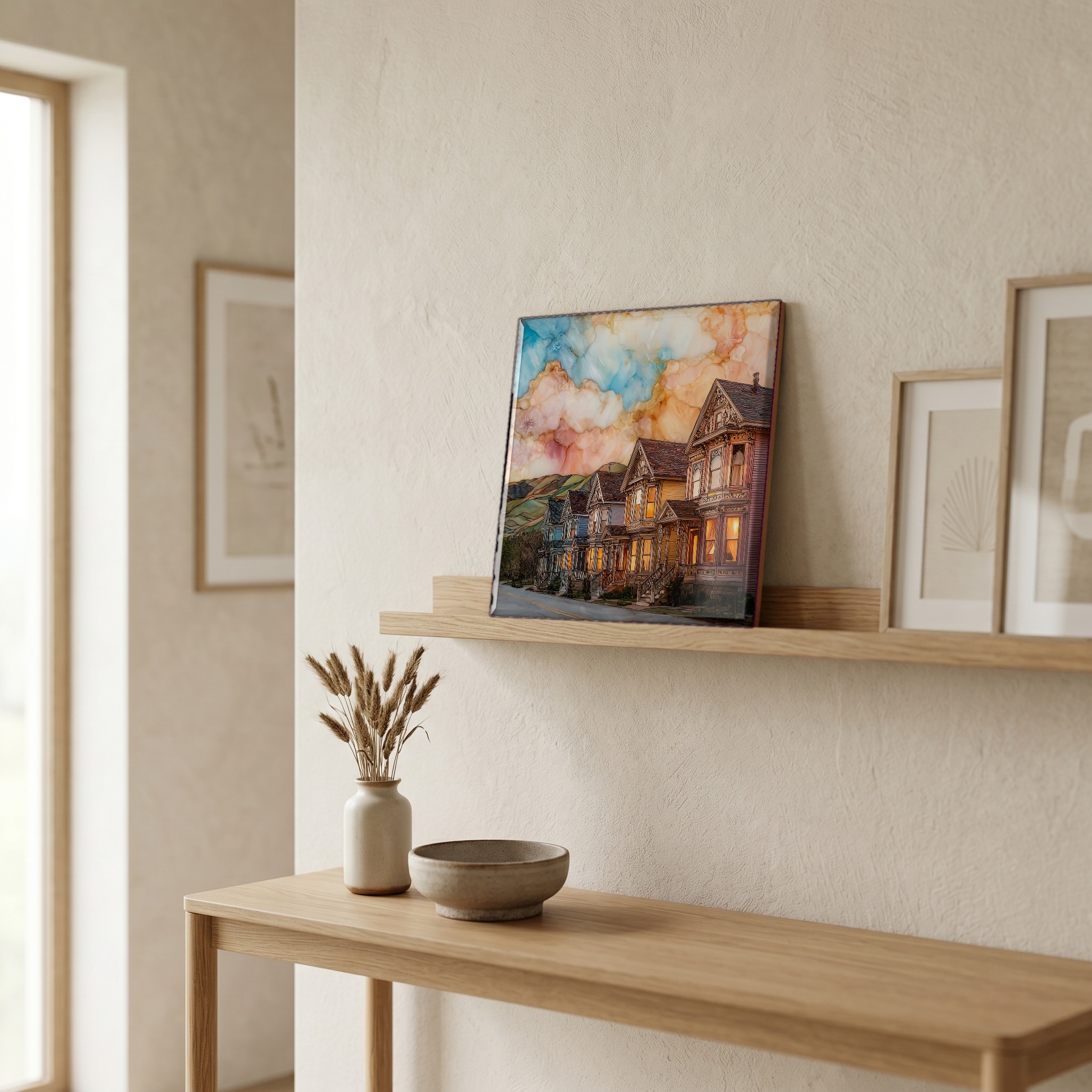 On a picture ledge, where the light comes in.