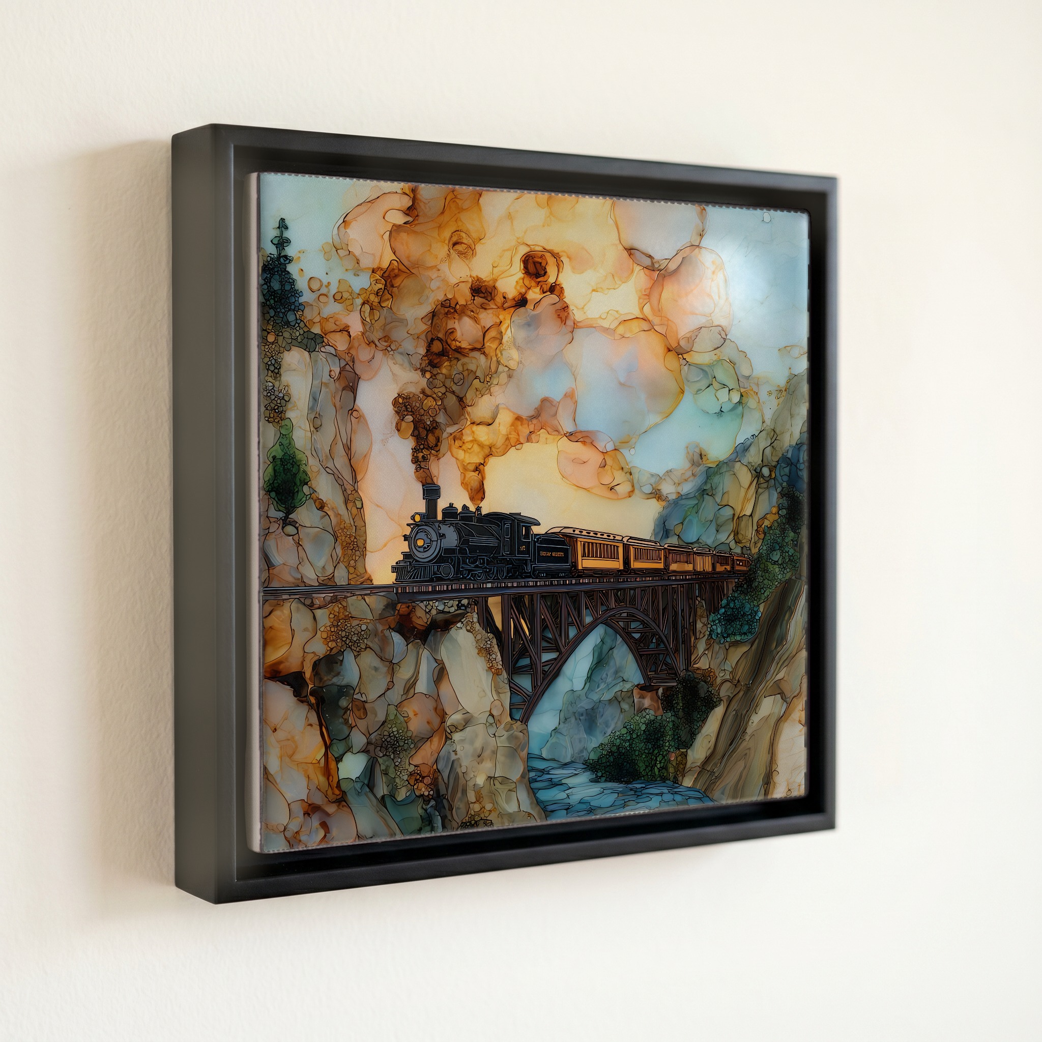 shown in a slim black floating frame · 6 × 6 in