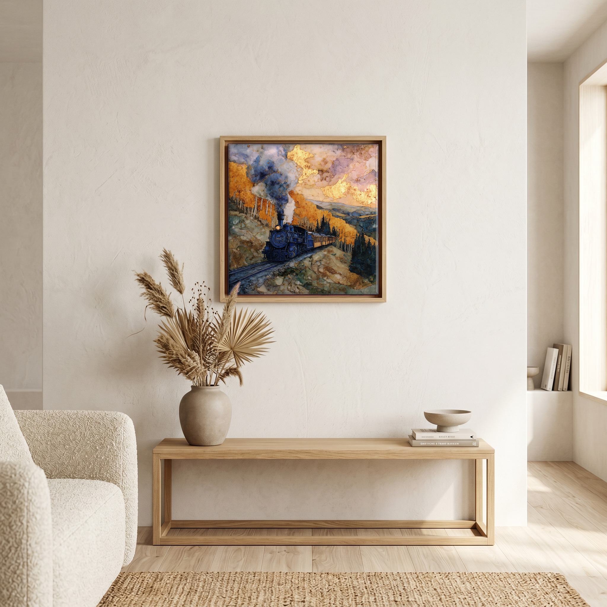 Above the bench, in a warm oak surround.