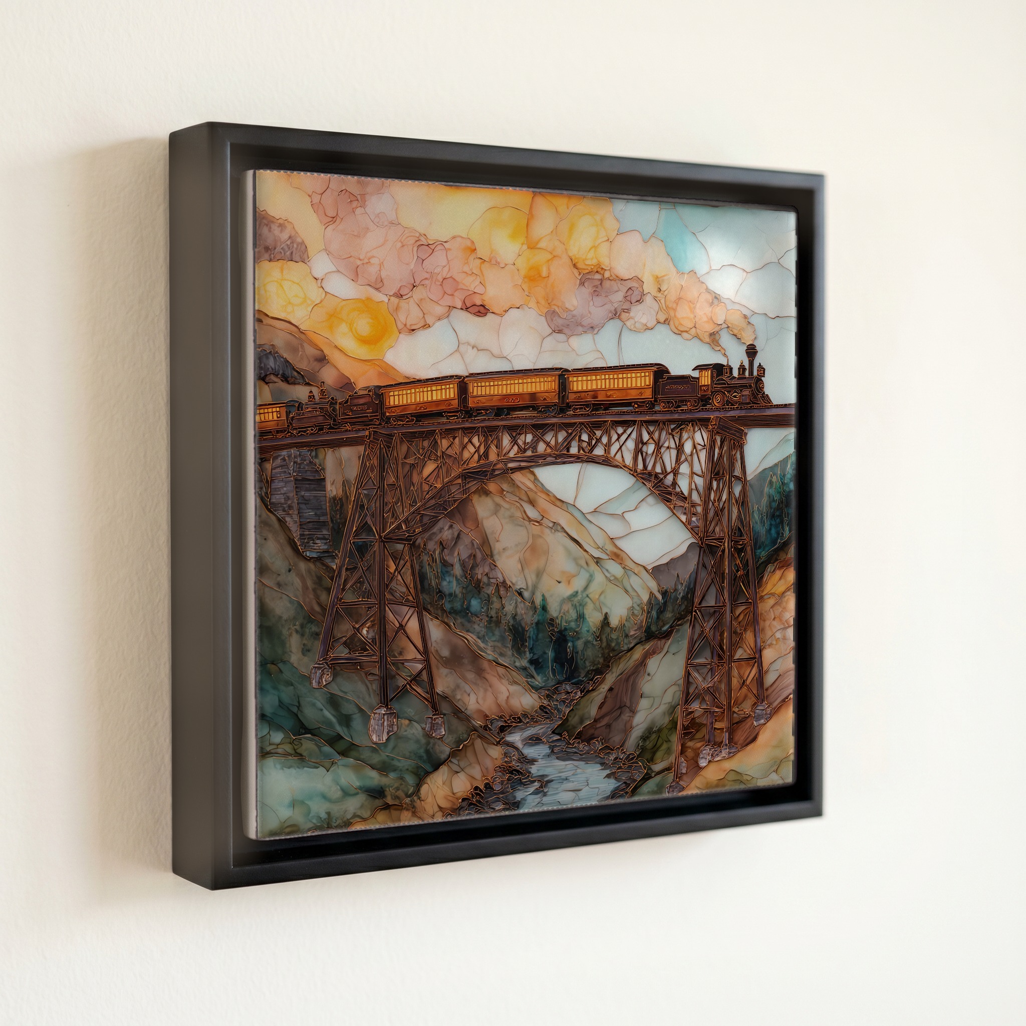 shown in a slim black floating frame · 6 × 6 in