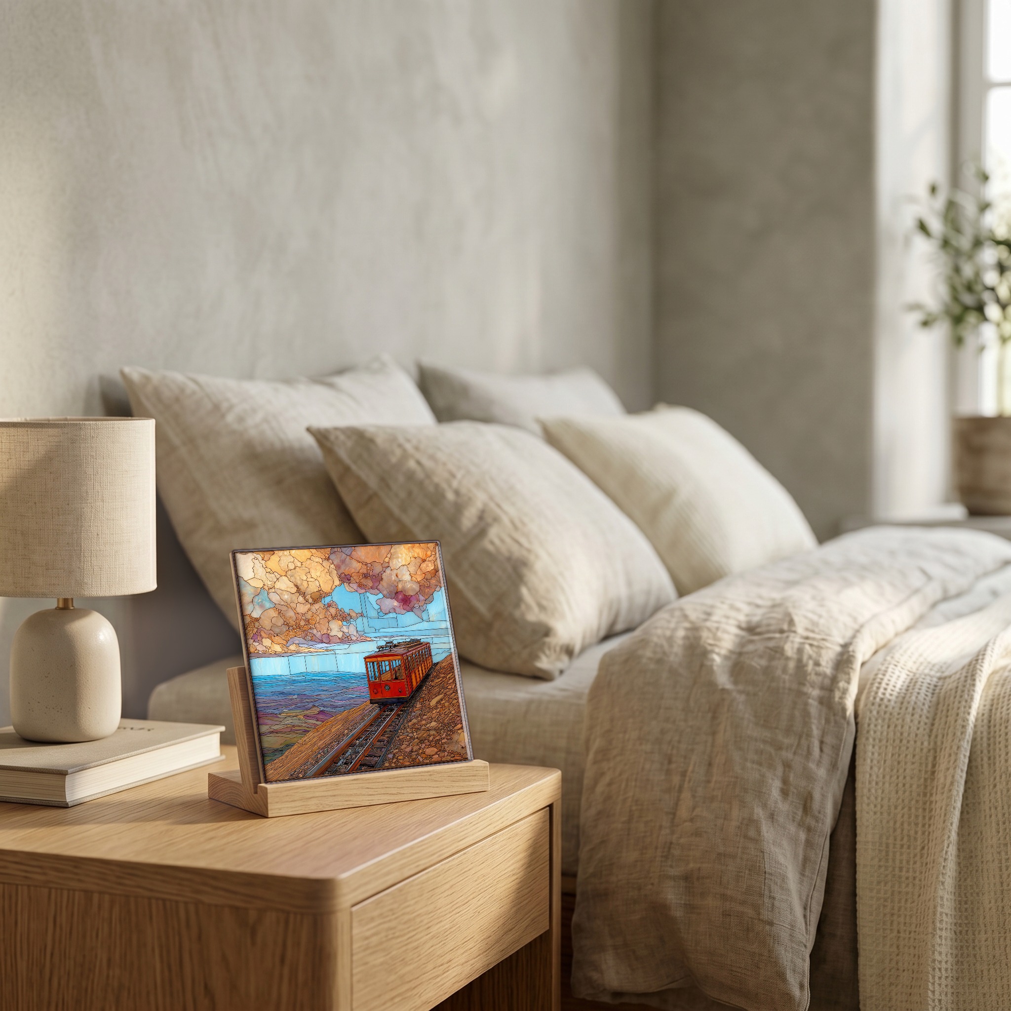 On the nightstand, on a light oak stand.