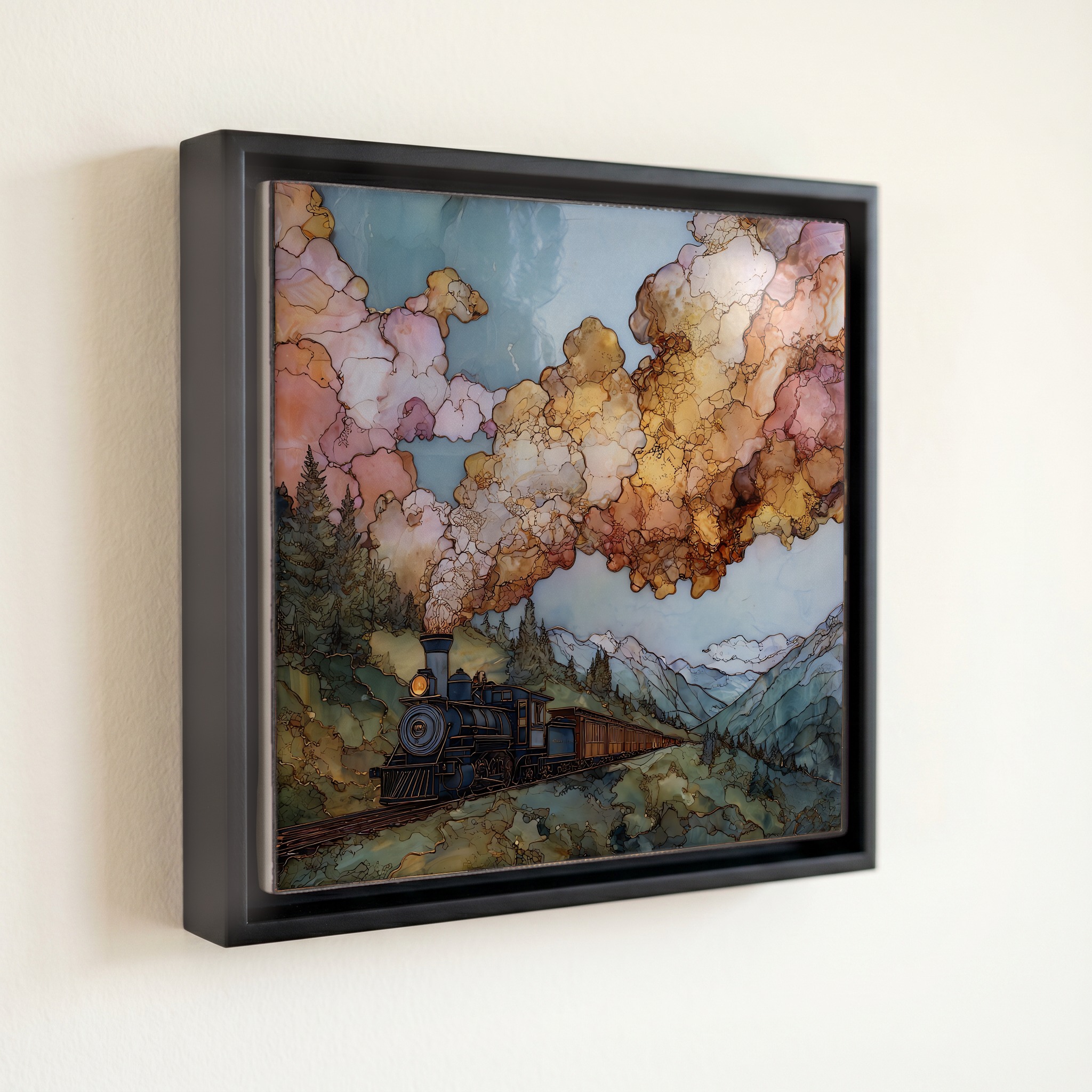 shown in a slim black floating frame · 6 × 6 in