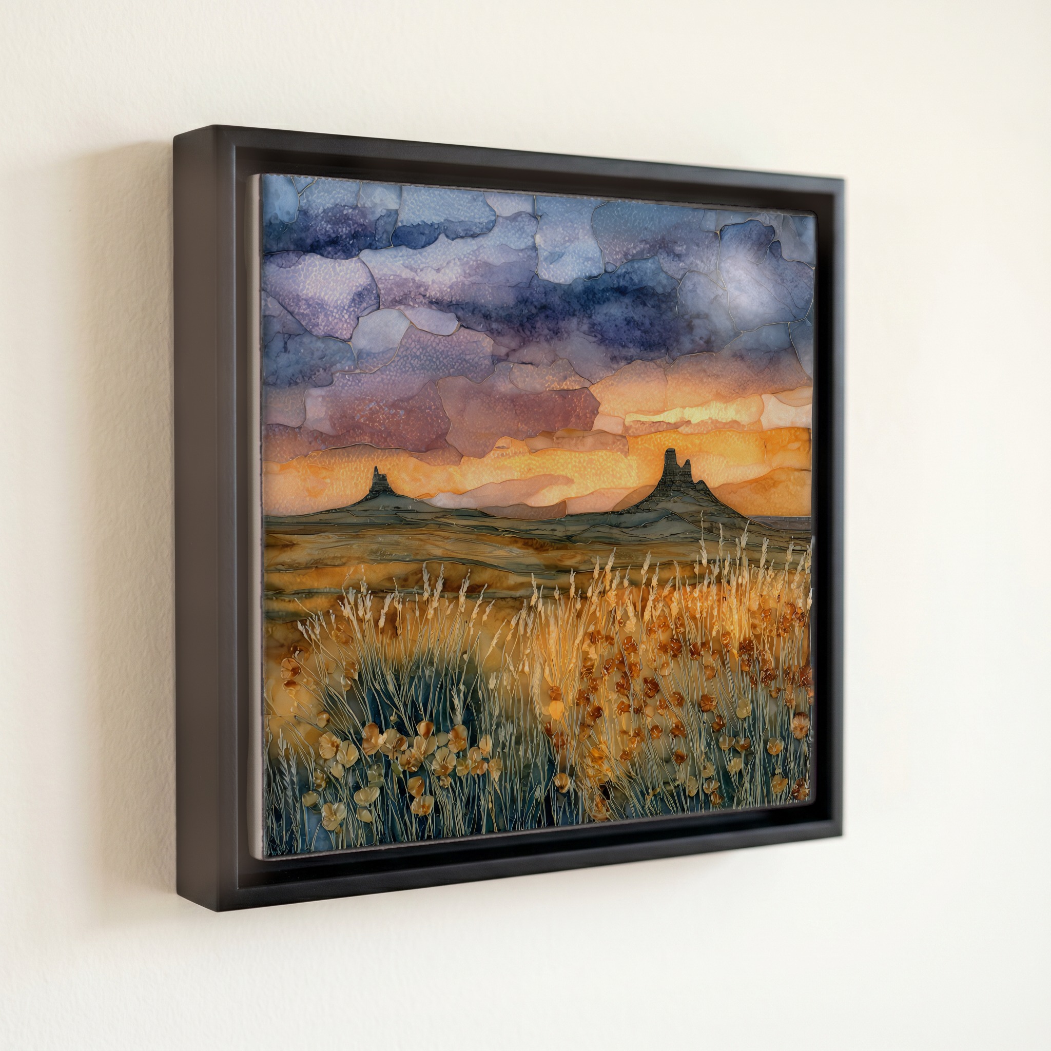 shown in a slim black floating frame · 6 × 6 in