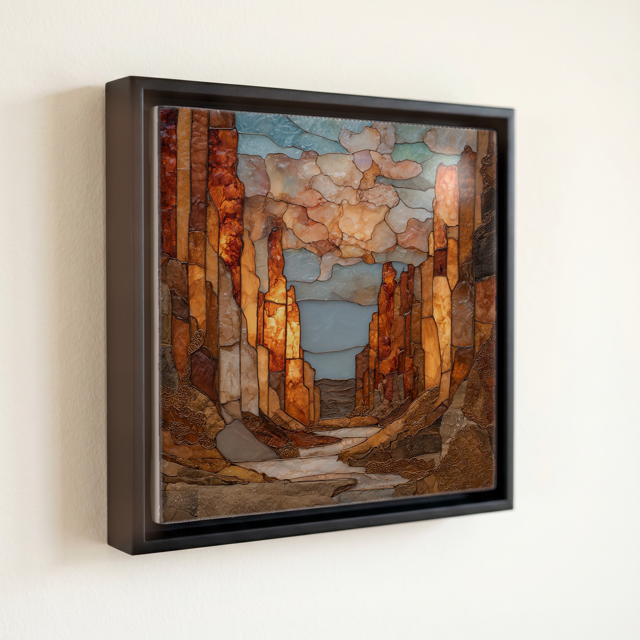 shown in a slim black floating frame · 6 × 6 in