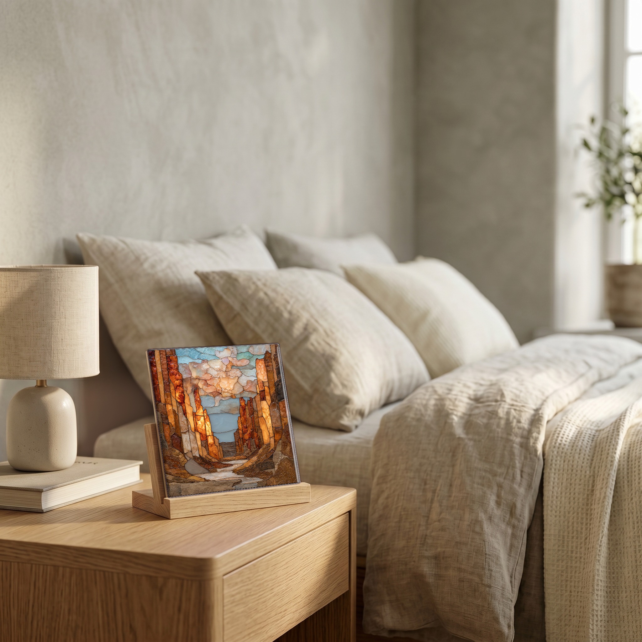 On the nightstand, on a light oak stand.