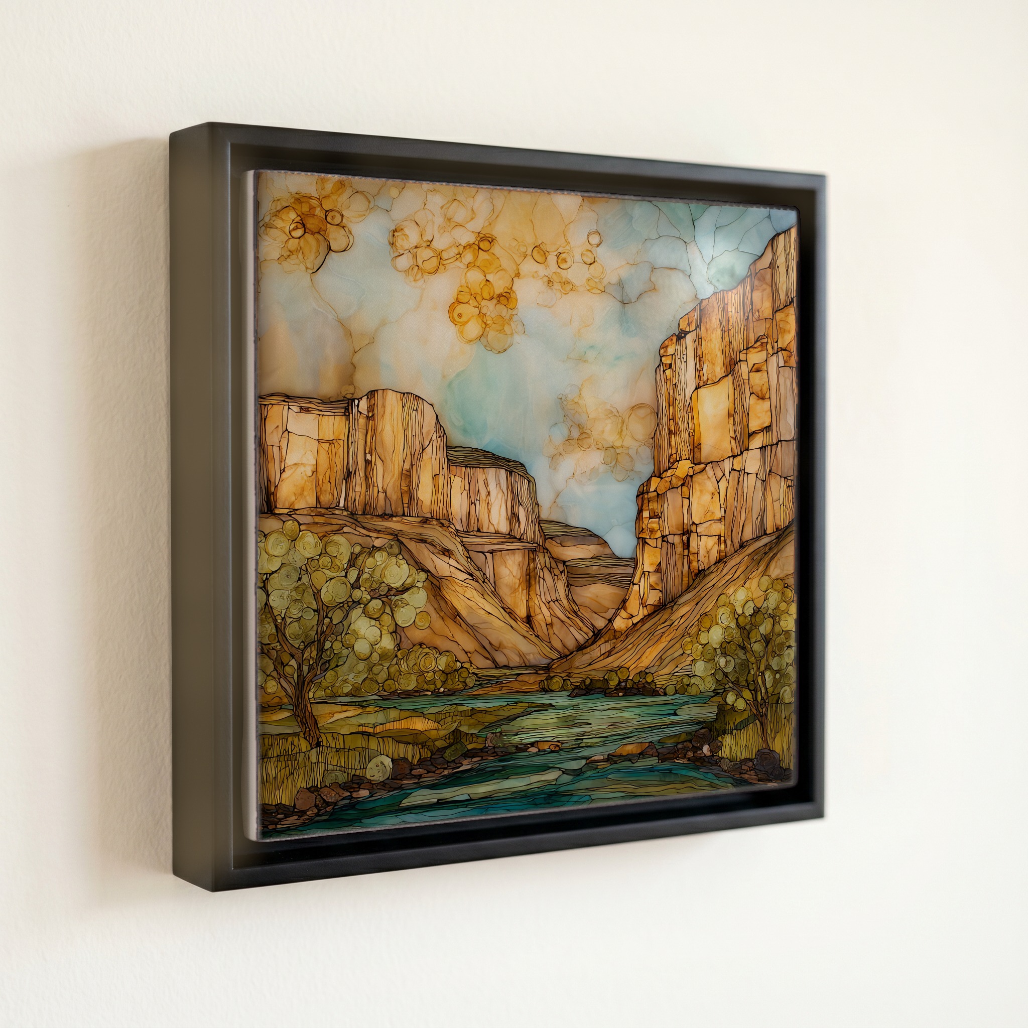 shown in a slim black floating frame · 6 × 6 in